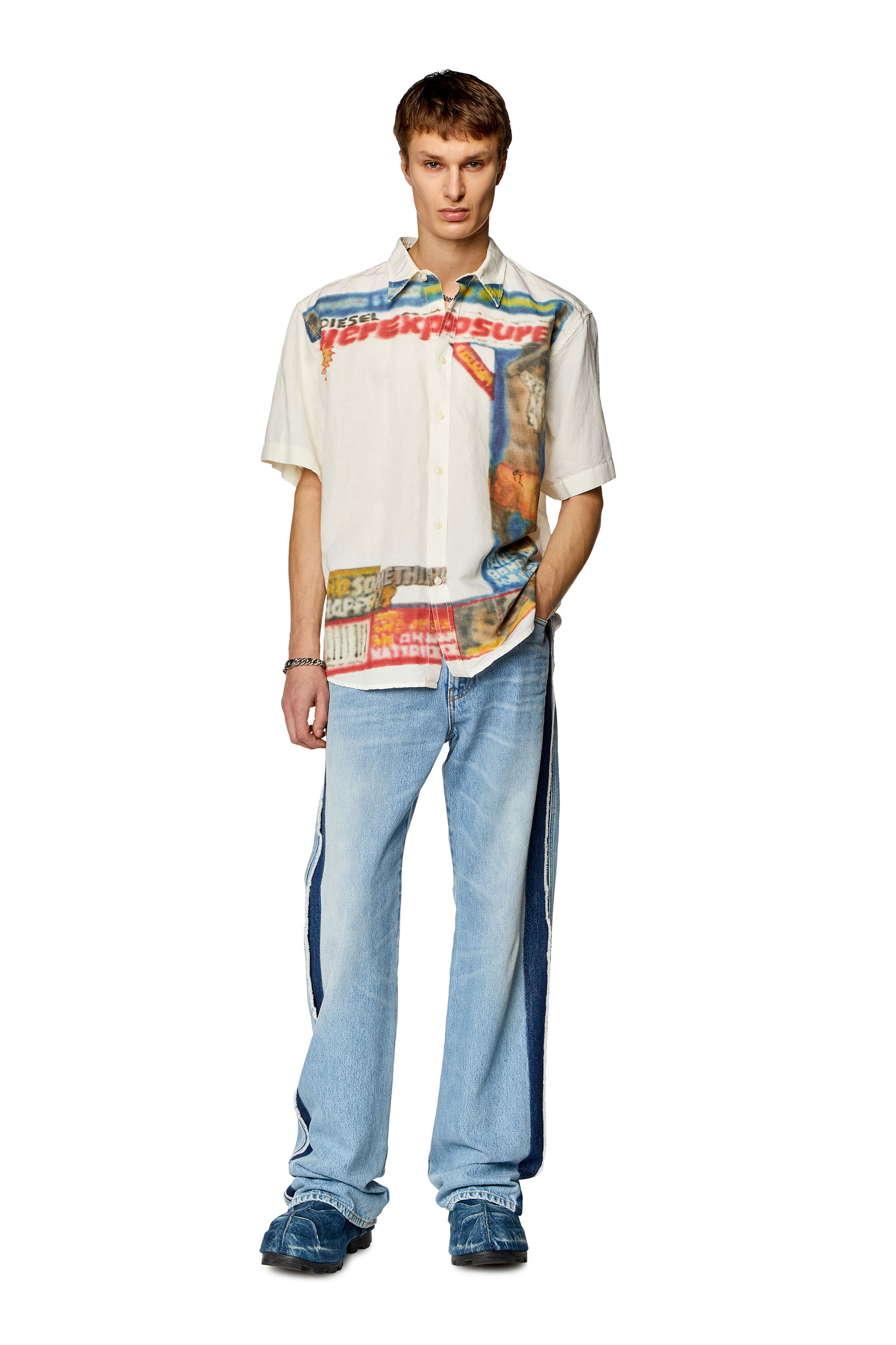 Diesel - S-ELIAS, Man Printed linen-blend short-sleeve shirt in White - Image 1