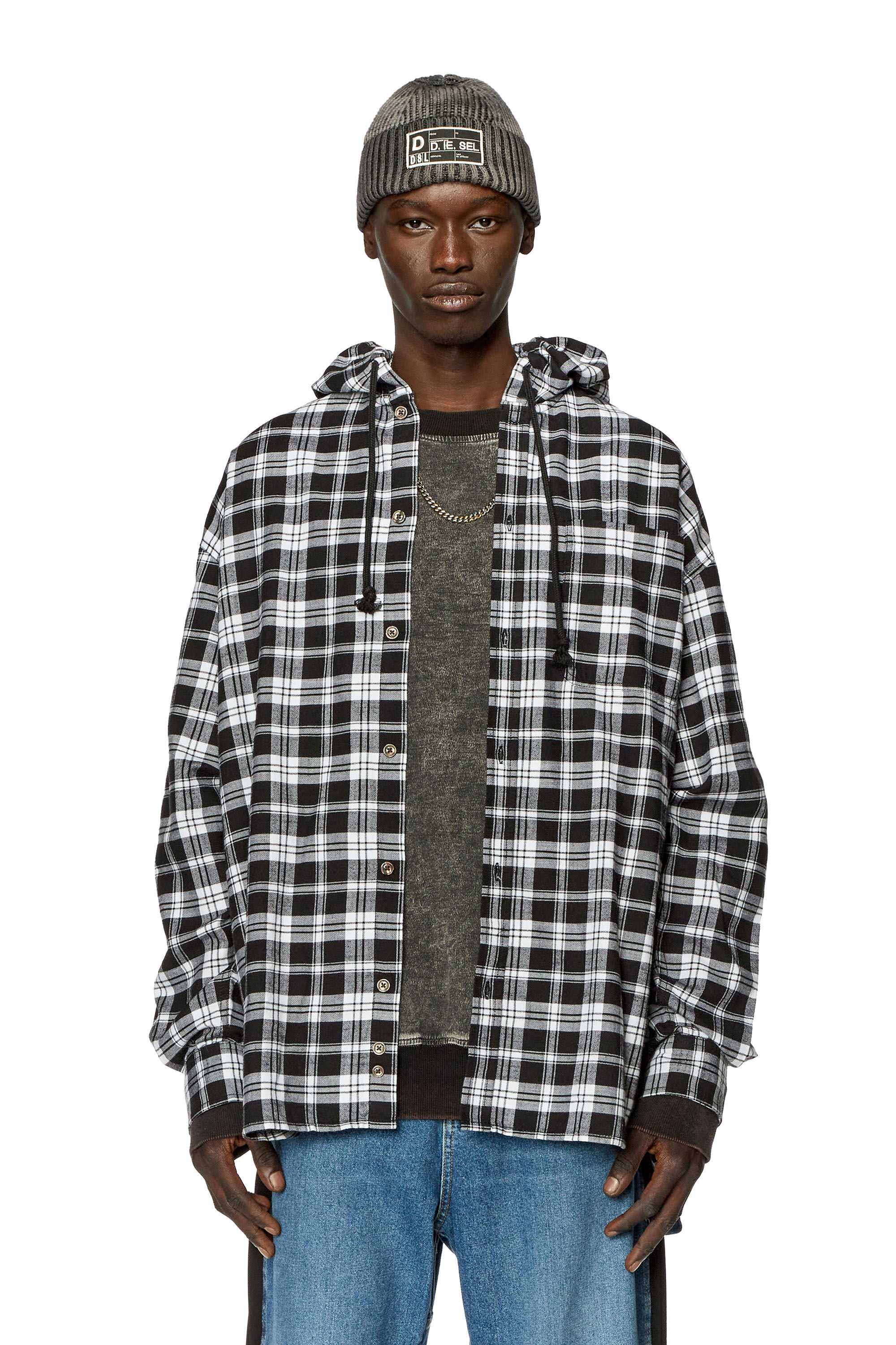 Diesel - S-DEWNY-HOOD, Man Oversized hooded shirt in tactile flannel in Multicolor - Image 3