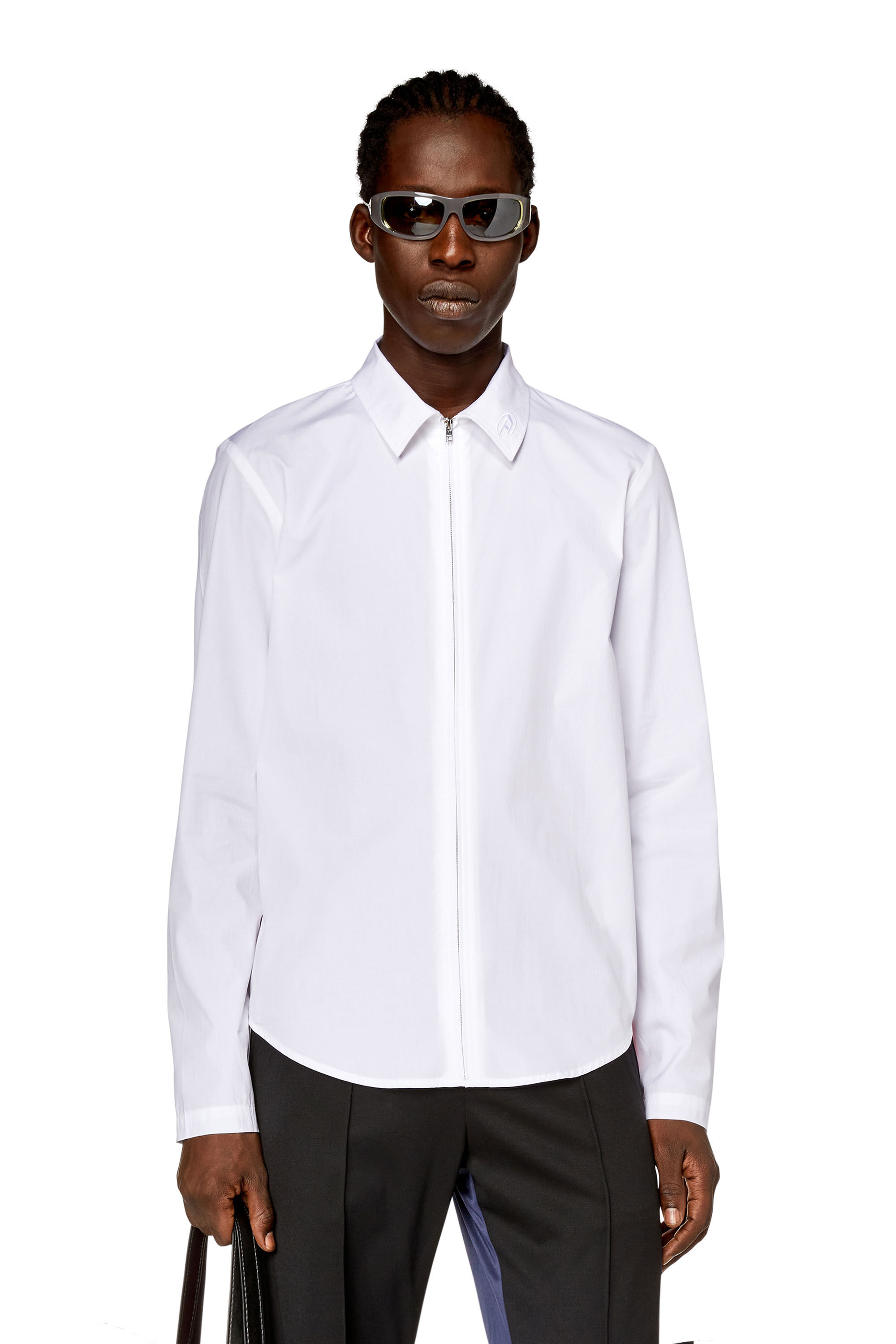 Diesel - S-STUCK, Man Logo-embroidered zip shirt in White - Image 3
