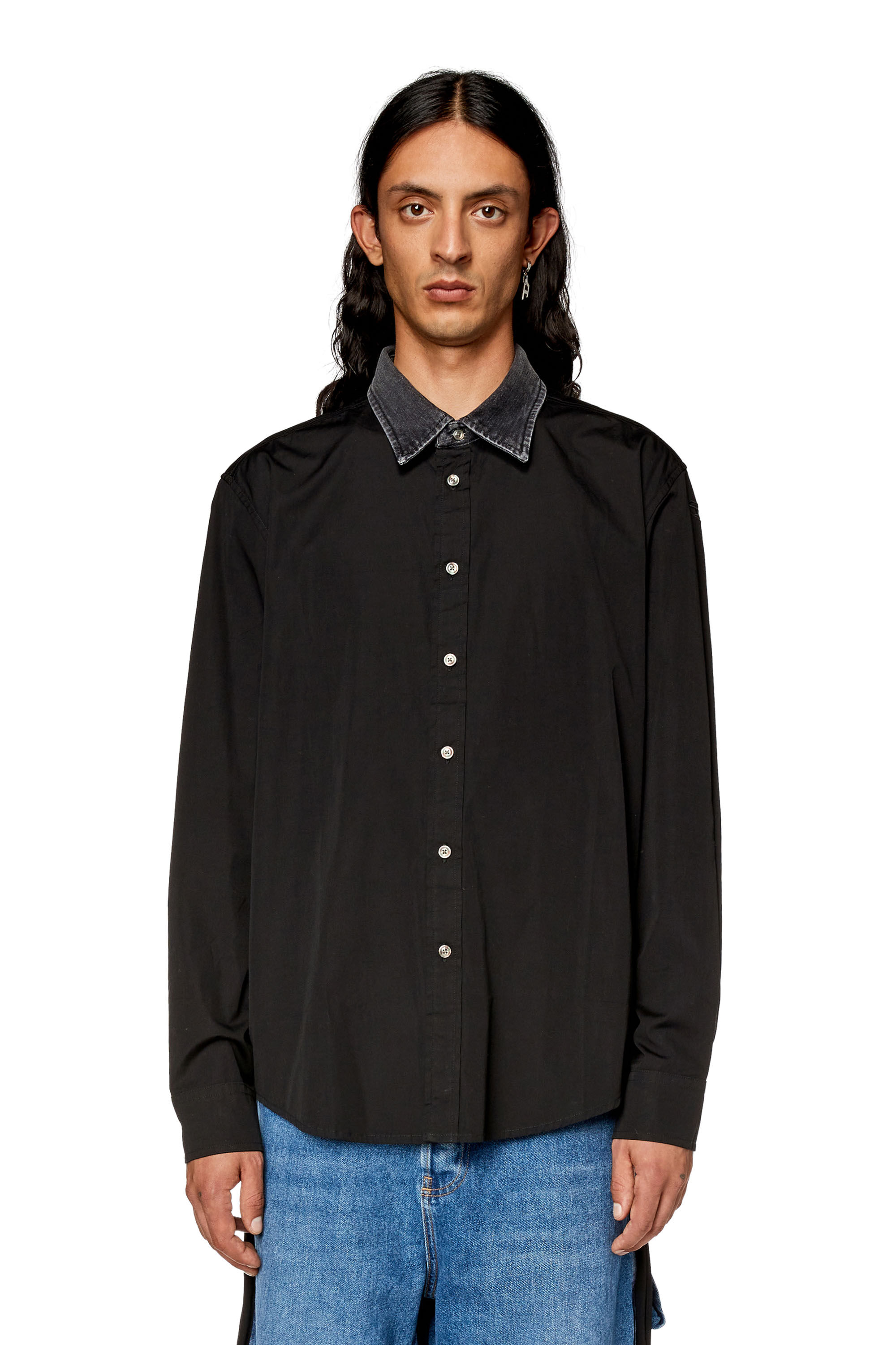 Diesel - S-HOLLS, Man Cotton shirt with denim collar in Black - Image 5