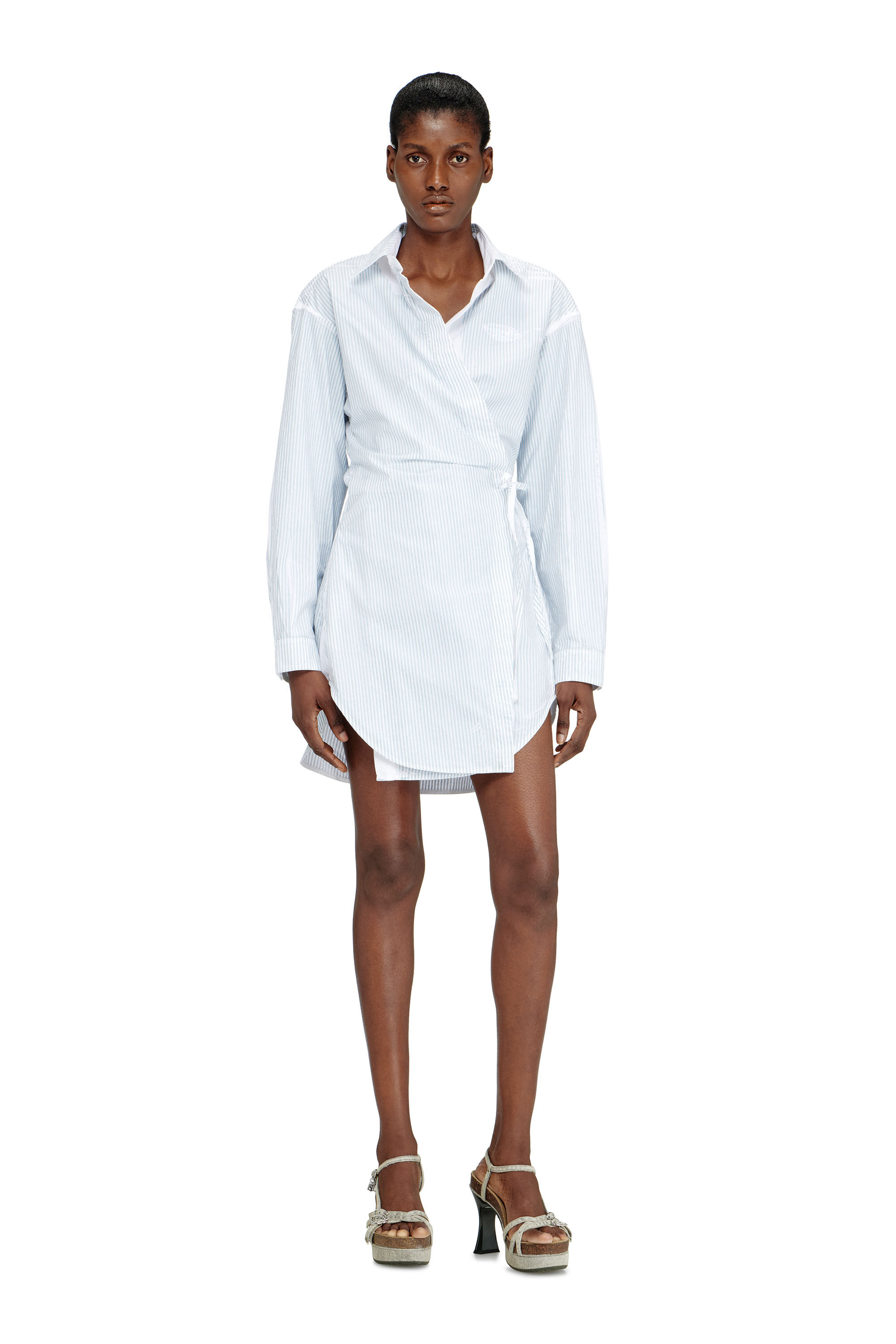 Diesel - D-DELPHOS-S2, Woman's Poplin wrap-around mini dress with pinstripes in Light Blue - 3