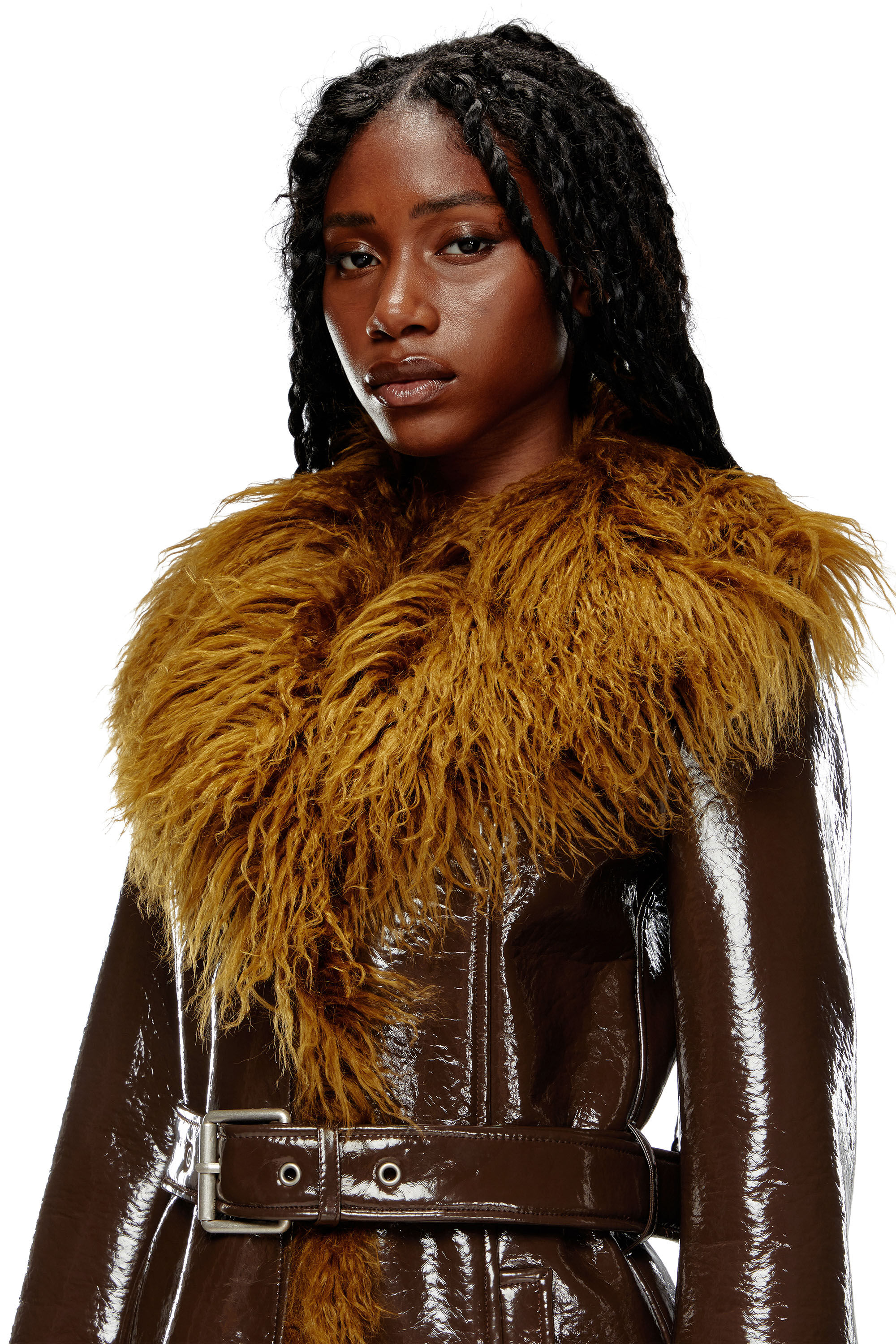 Women s Coated trench coat with shaggy trims Brown Diesel
