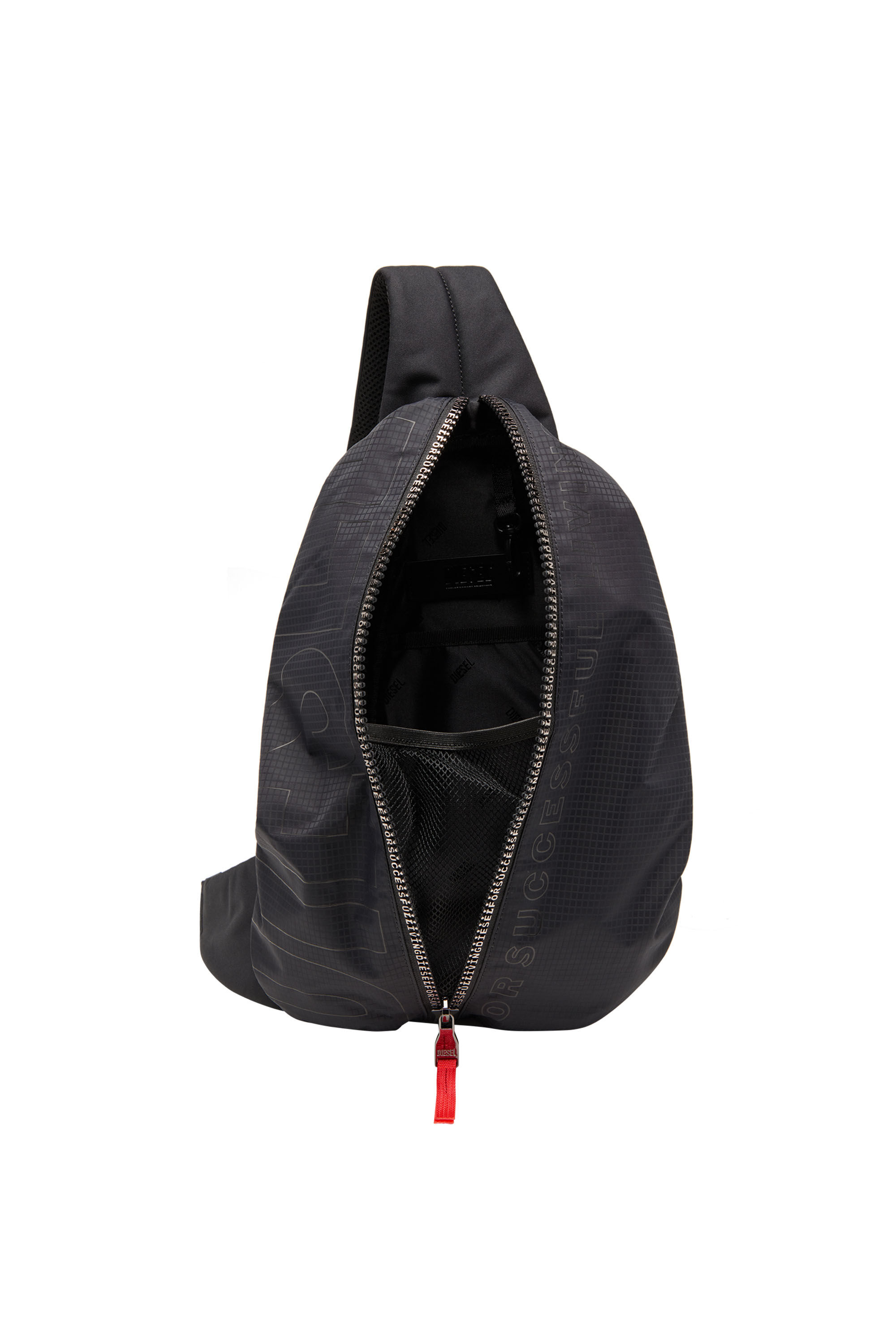 Diesel - ZIP-D SLING BAG X, Man Sling backpack in check-jacquard shell in Black - Image 2