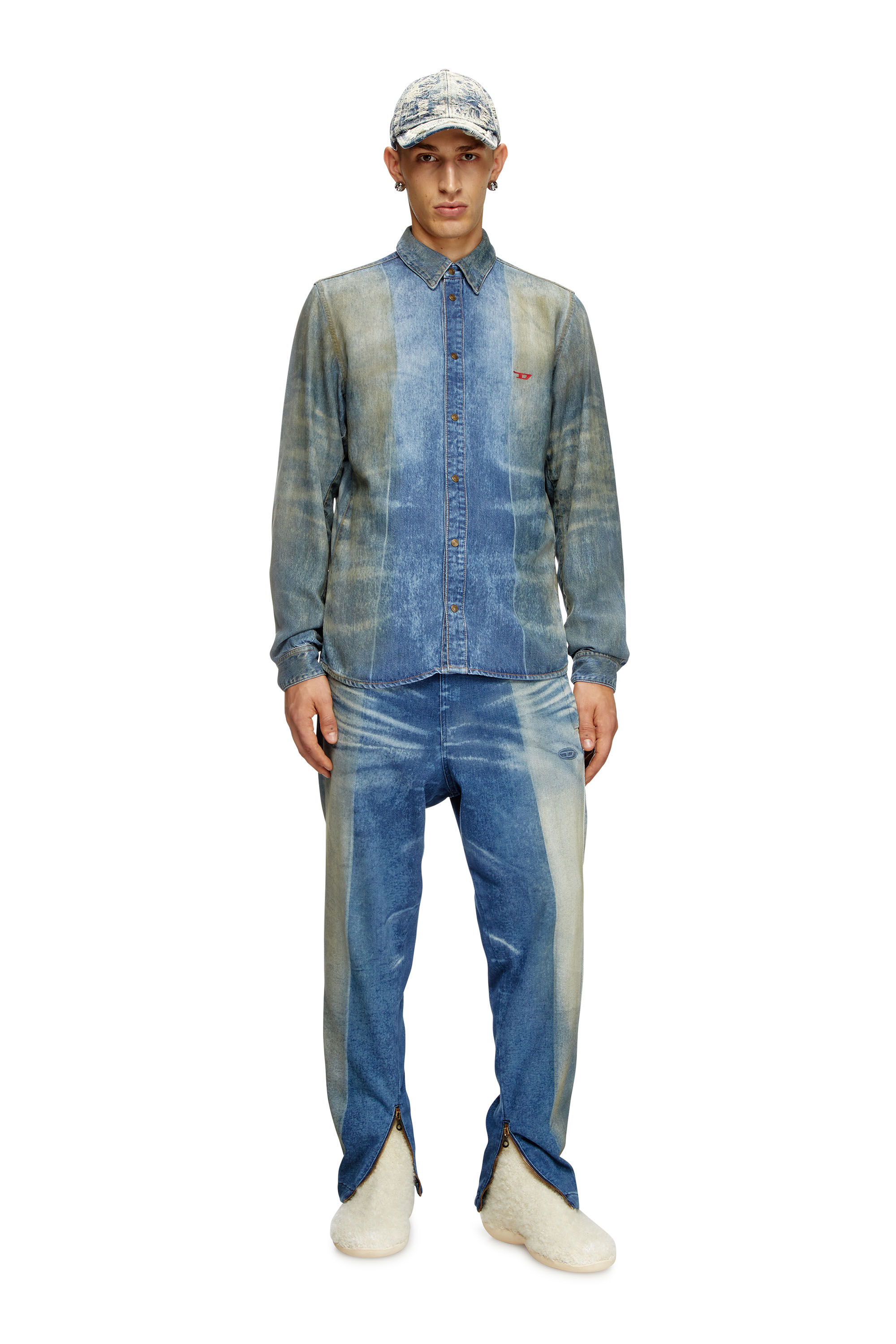 Diesel - D-FITTY-FSF, Man's Denim shirt with solarised folds in Medium blue - 1