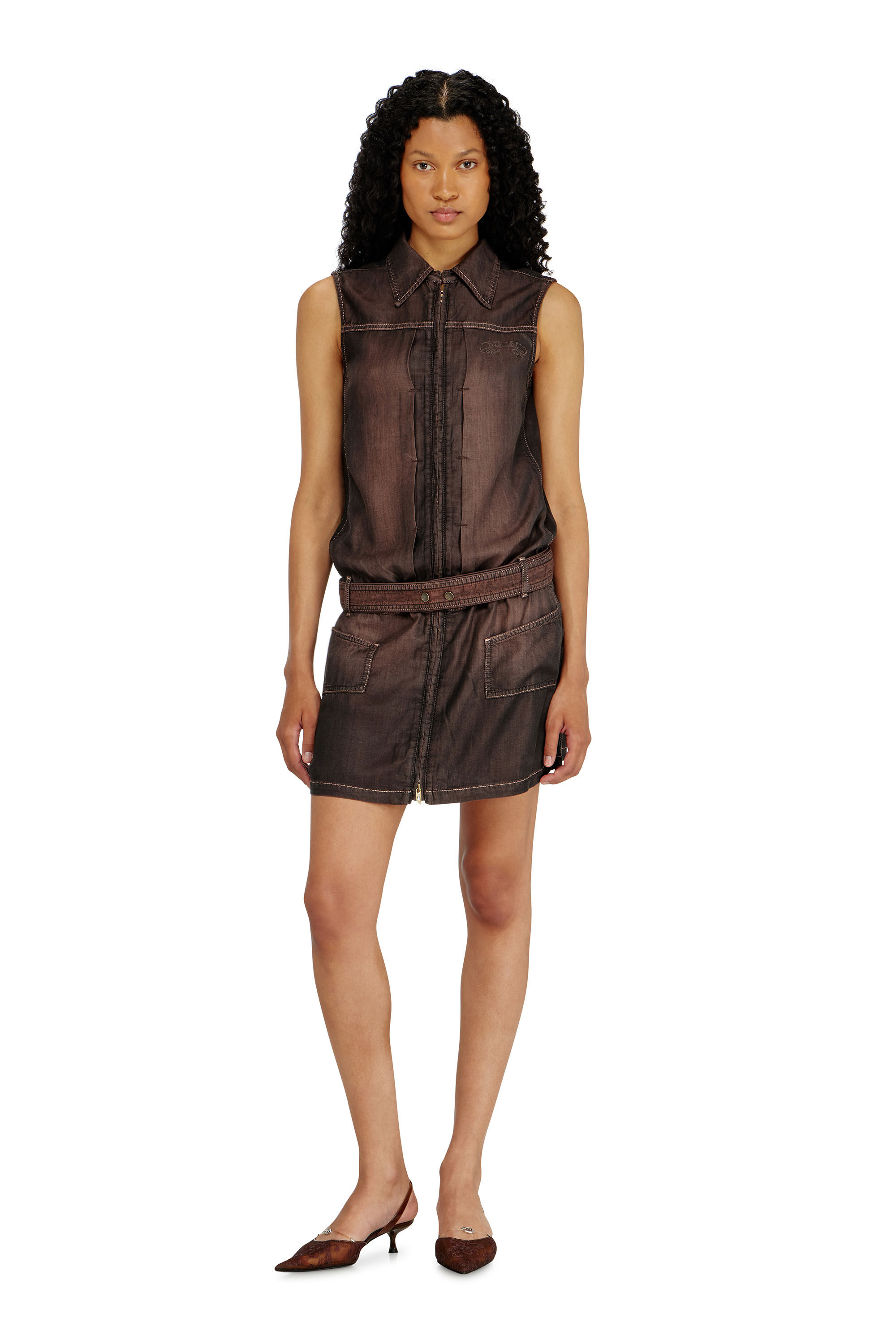 Diesel - DE-EDROS-S, Woman's Minidress in fluid coated denim in Brown - 3