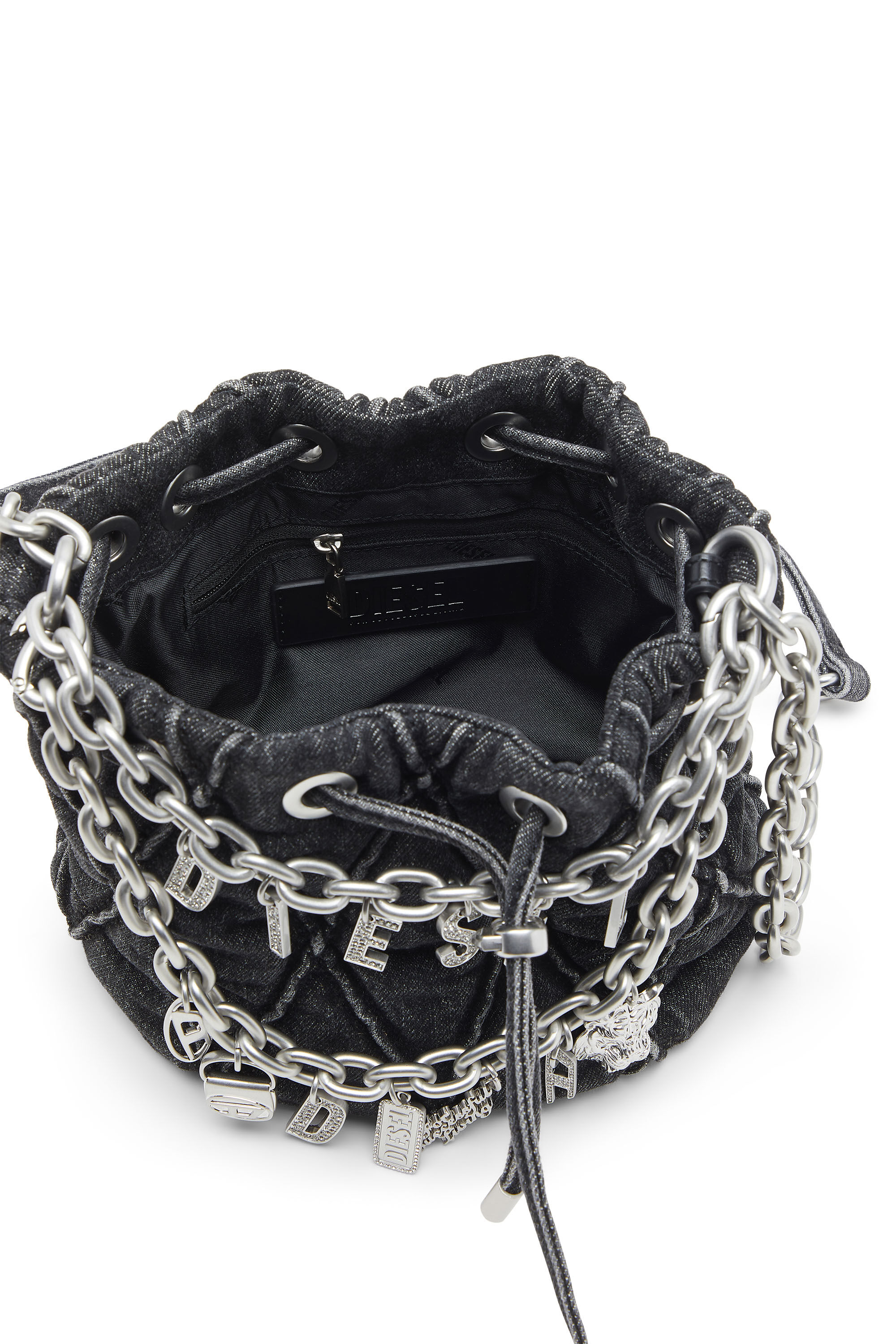 Diesel - HOSHI CHARM-D BUCKET S, Woman's Quilted-denim bucket bag with chain charms in Black - 5