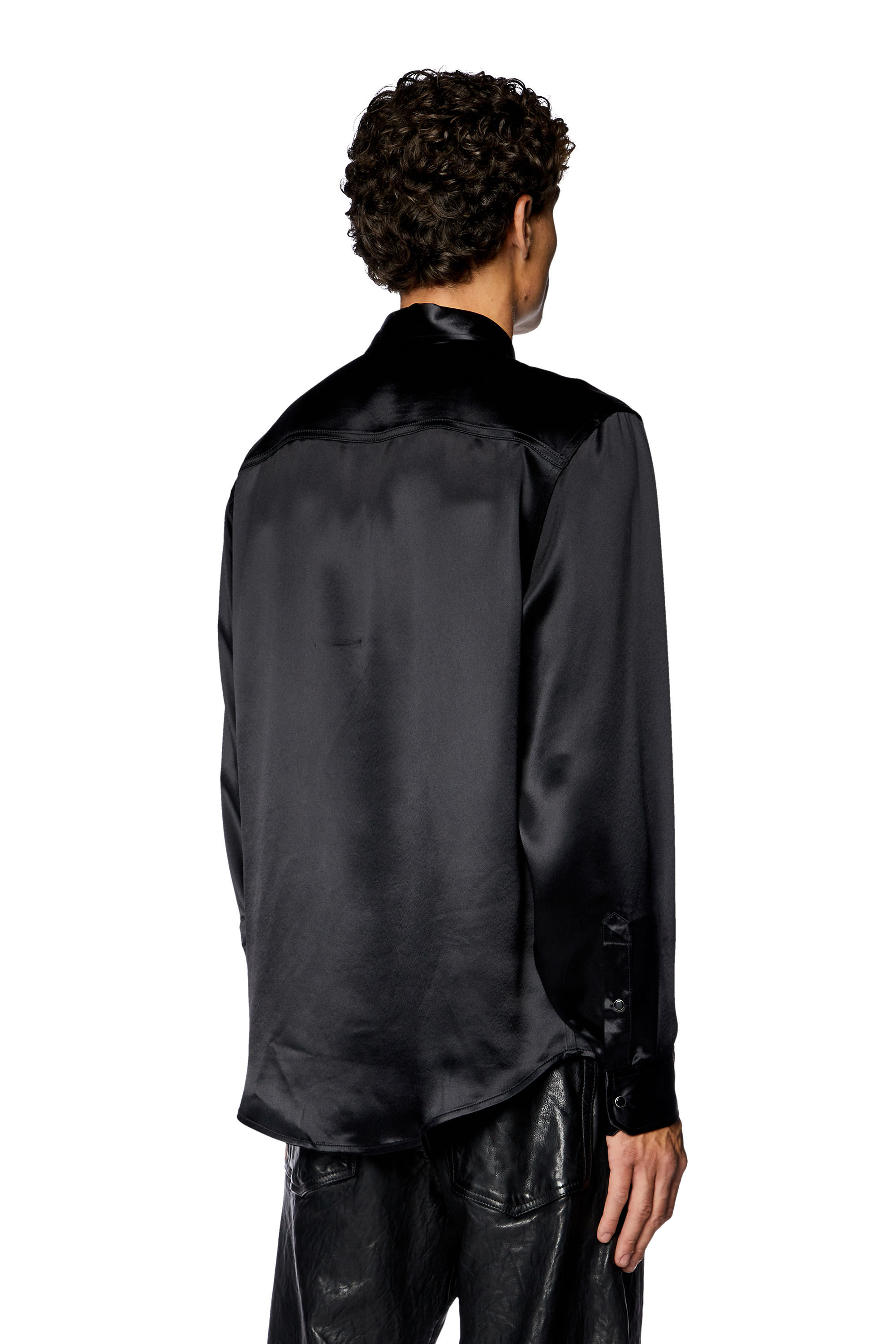 Diesel - S-RICCO, Man Satin shirt with logo-embroidered collar in Black - Image 4