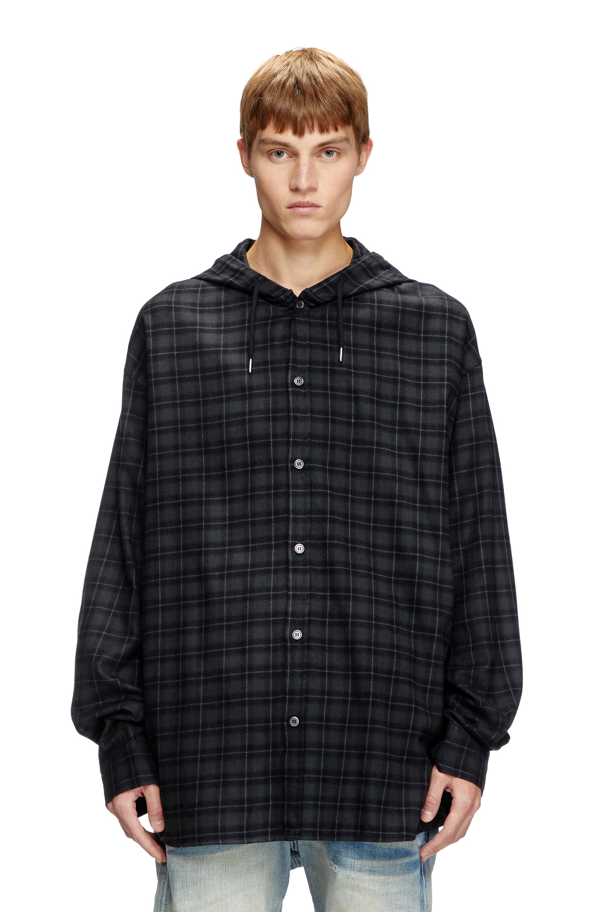 Diesel - S-DEWNY-HOOD-B, Man's Hooded shirt in check flannel in Black - 3