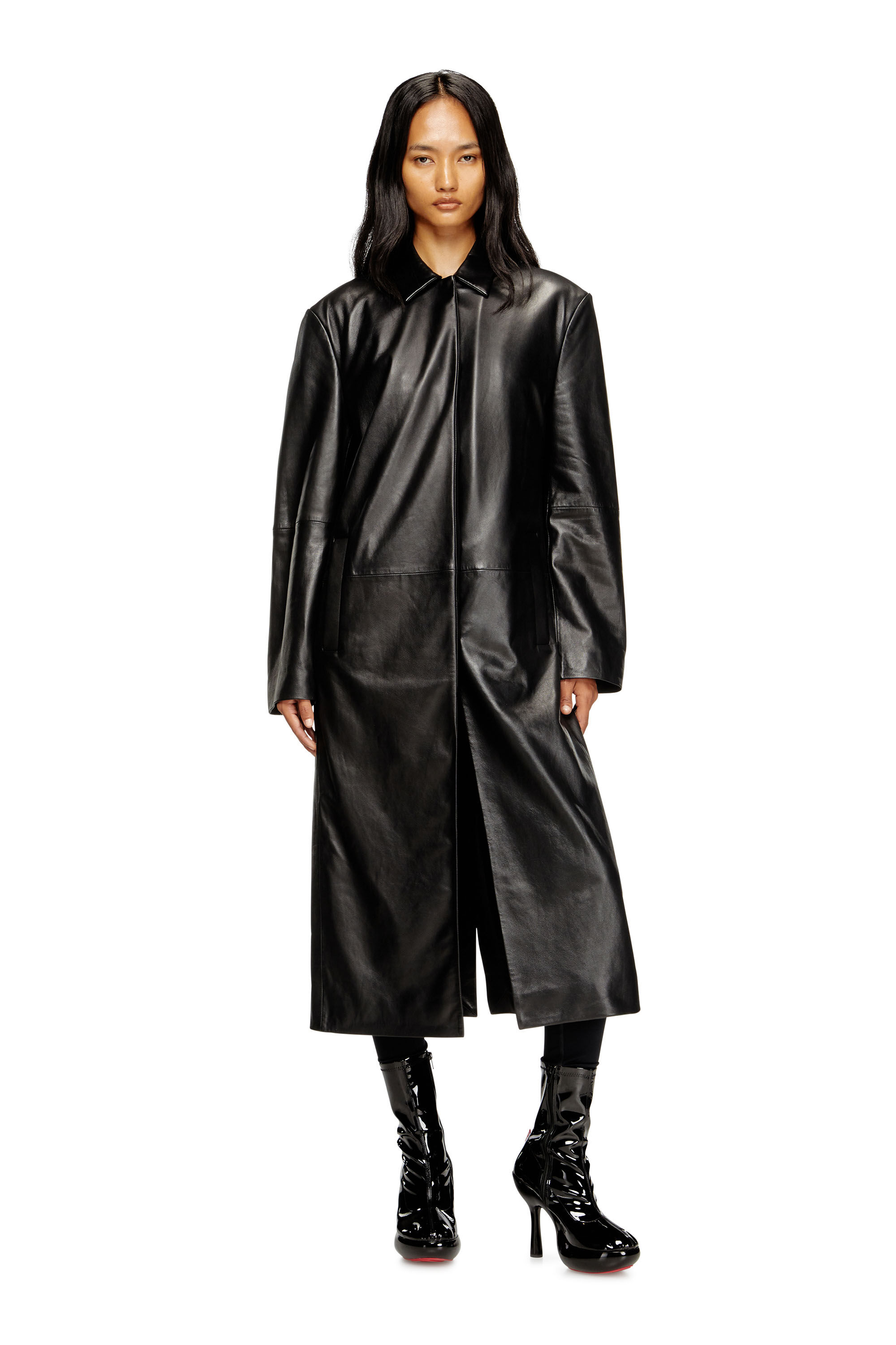 Diesel - L-ANCELOT, Woman's Long padded leather coat in Black - 1