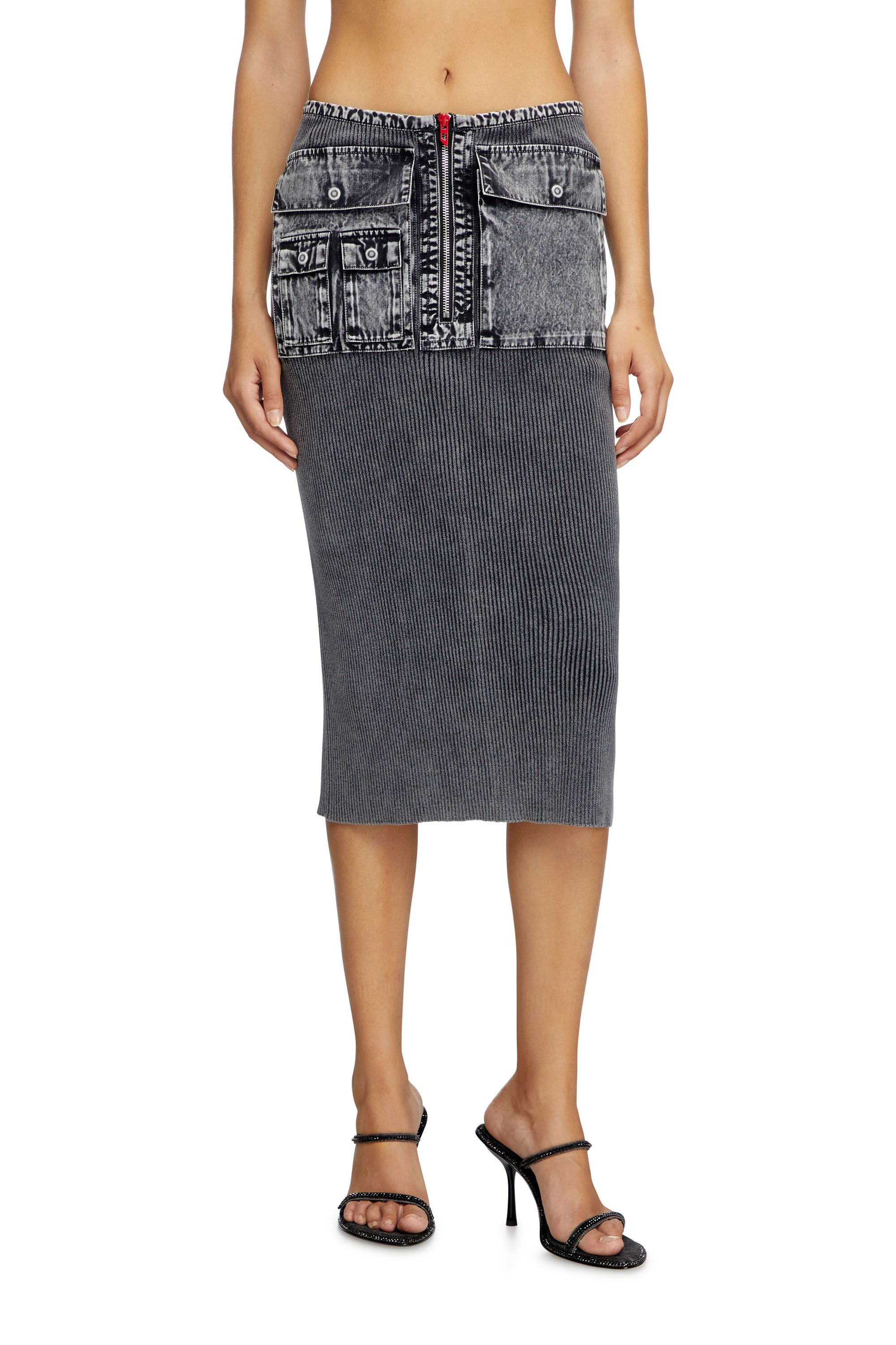 Diesel - M-MERYN, Woman's Knit midi skirt with denim cargo pockets in Dark grey - 3