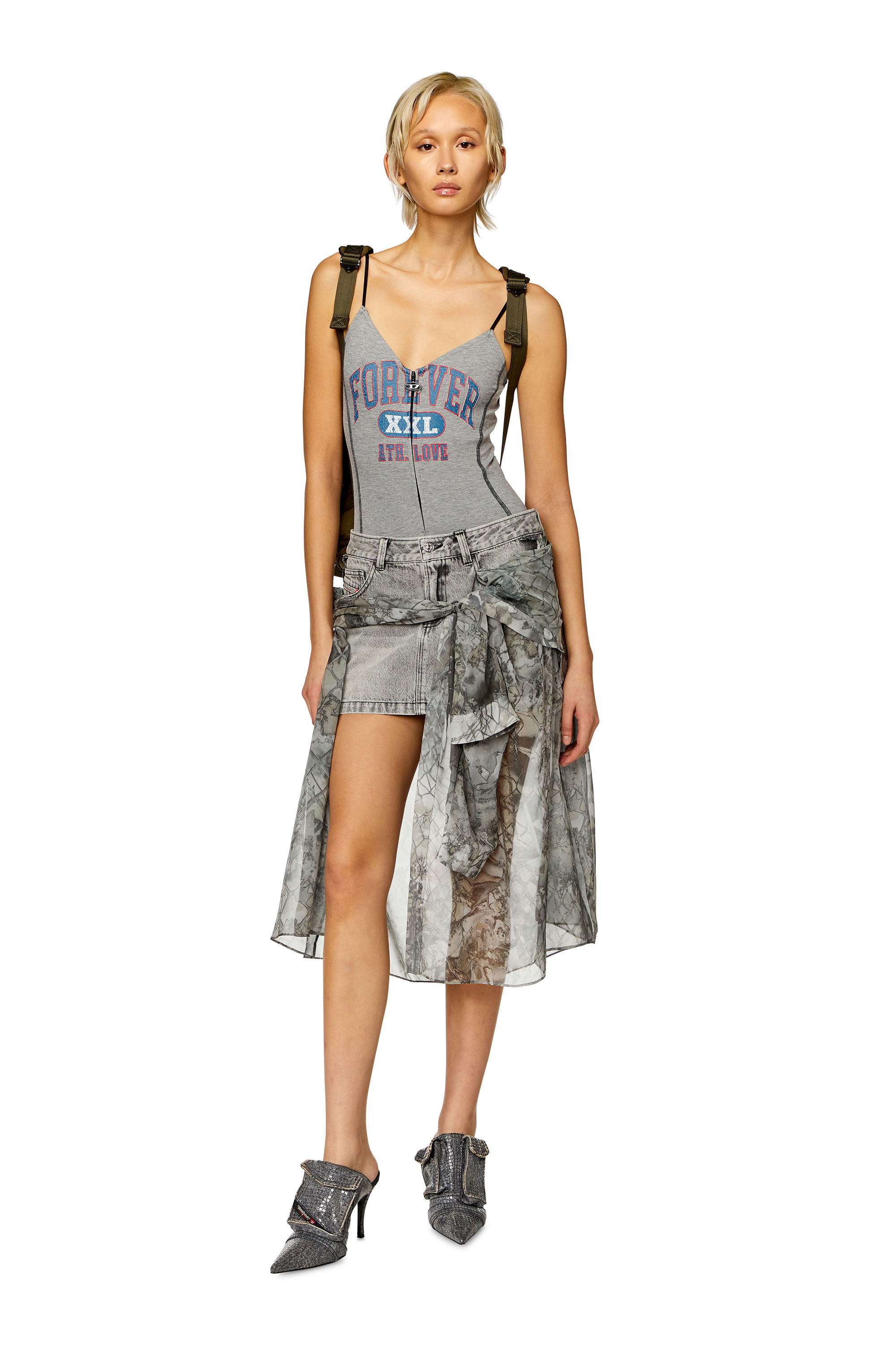 Diesel - O-JEANY, Woman Denim mini skirt with chiffon overlay in Grey - Image 1