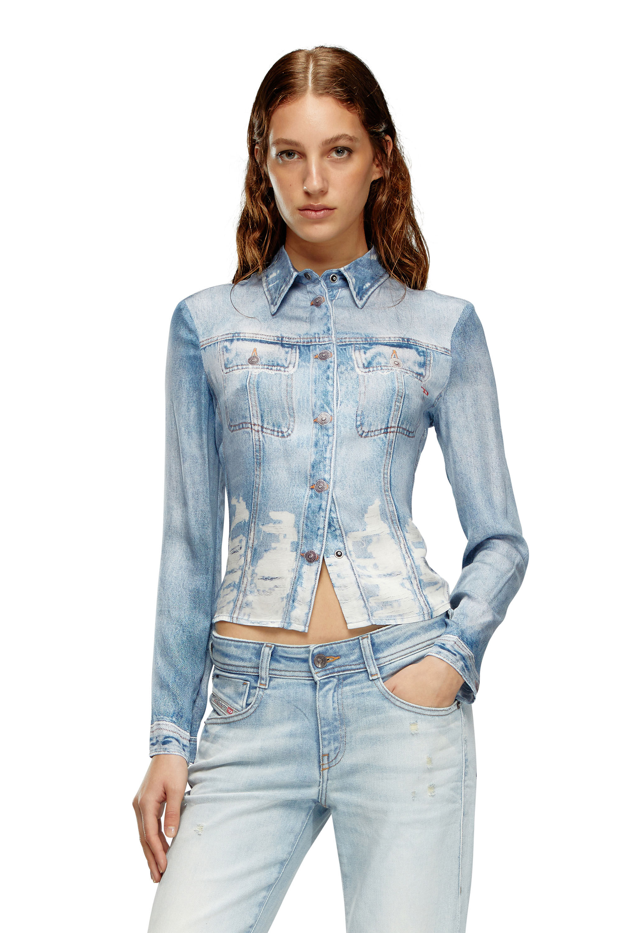 Diesel - C-LORELLE, Woman Cropped shirt with denim print in Blue - Image 3