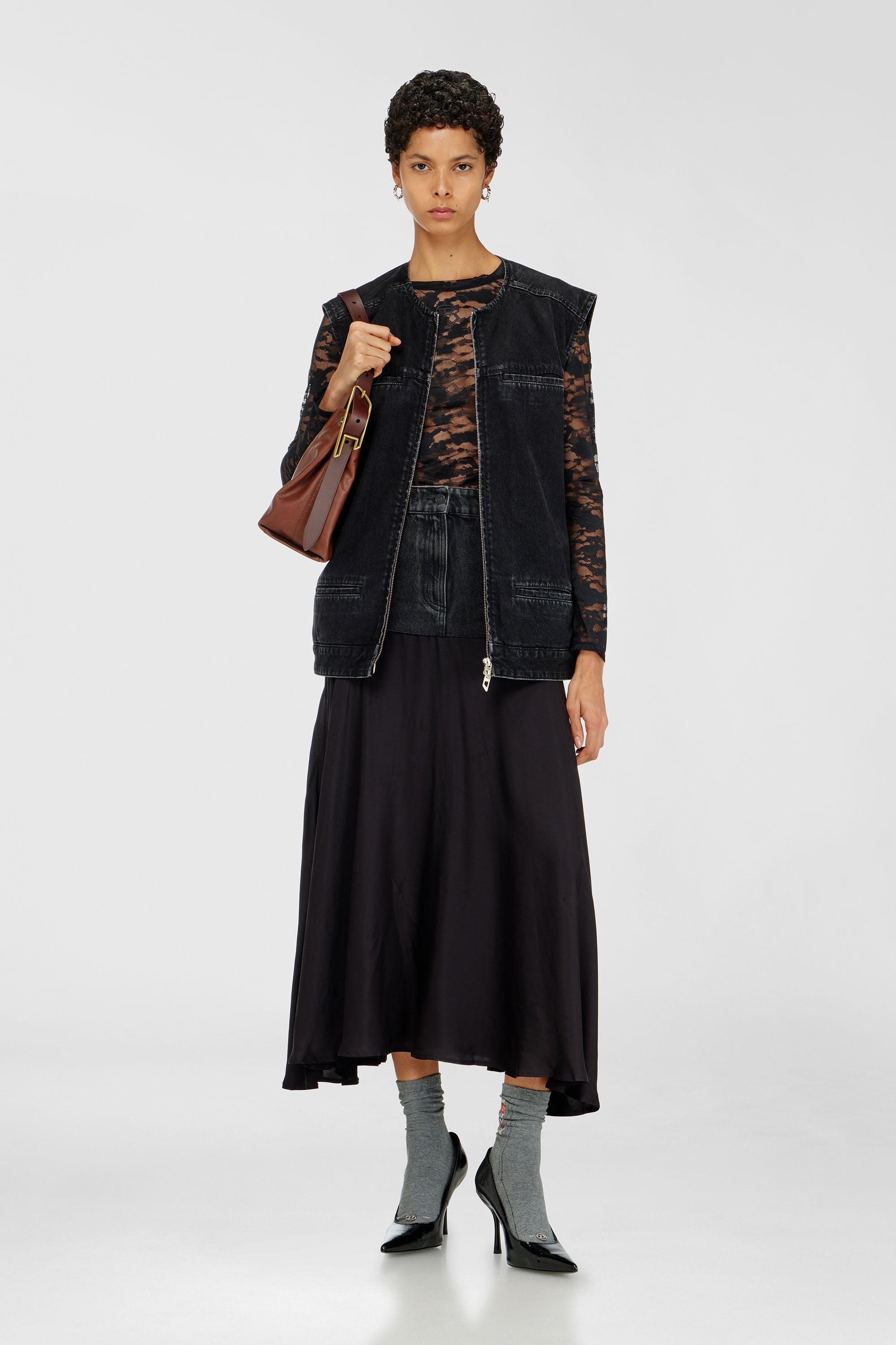 Diesel - O-RIONE, Woman's Midi skirt with denim-satin sections in Black - 1