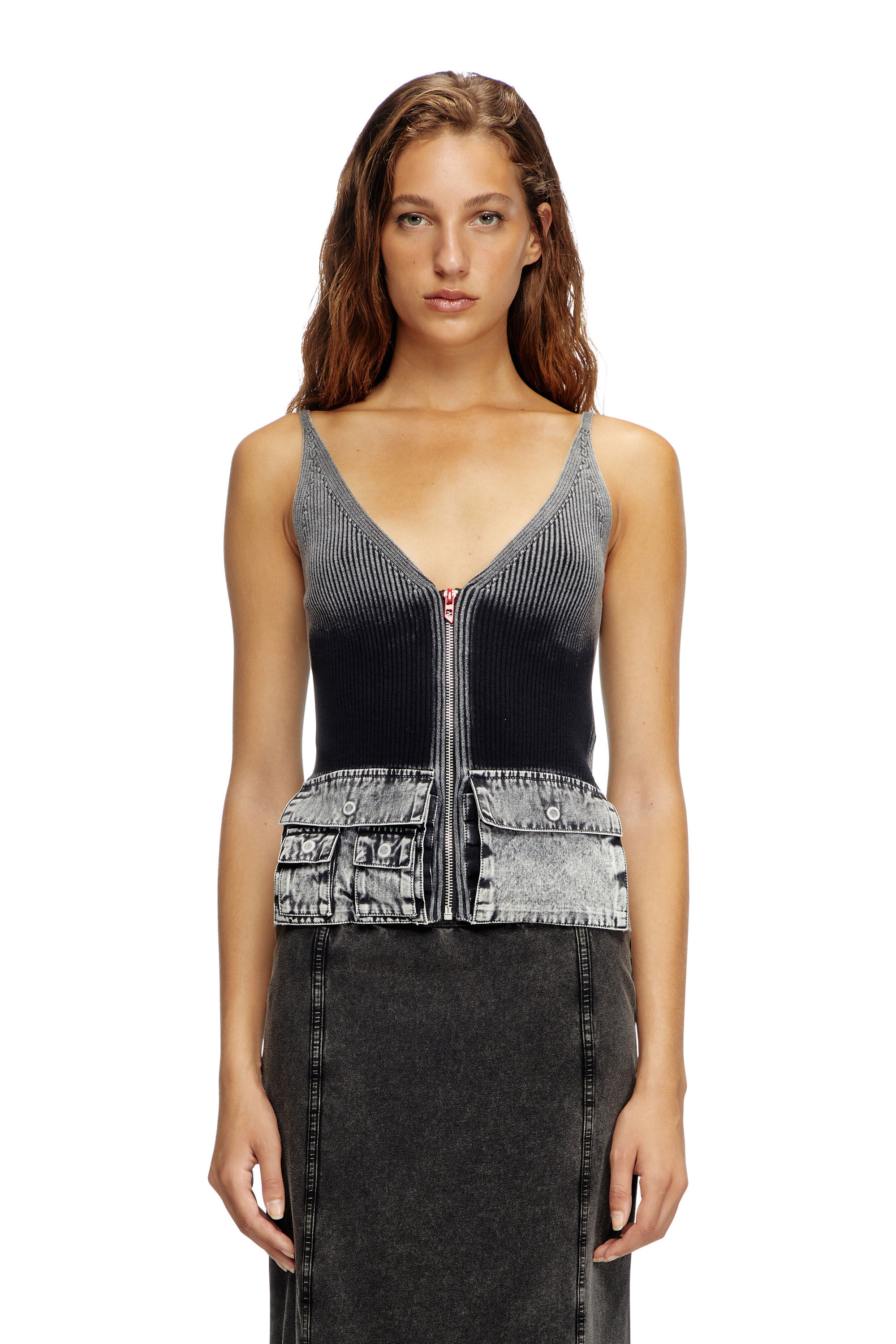 Diesel - M-MELLY, Woman's Knit tank top with denim cargo pockets in Dark grey - 3