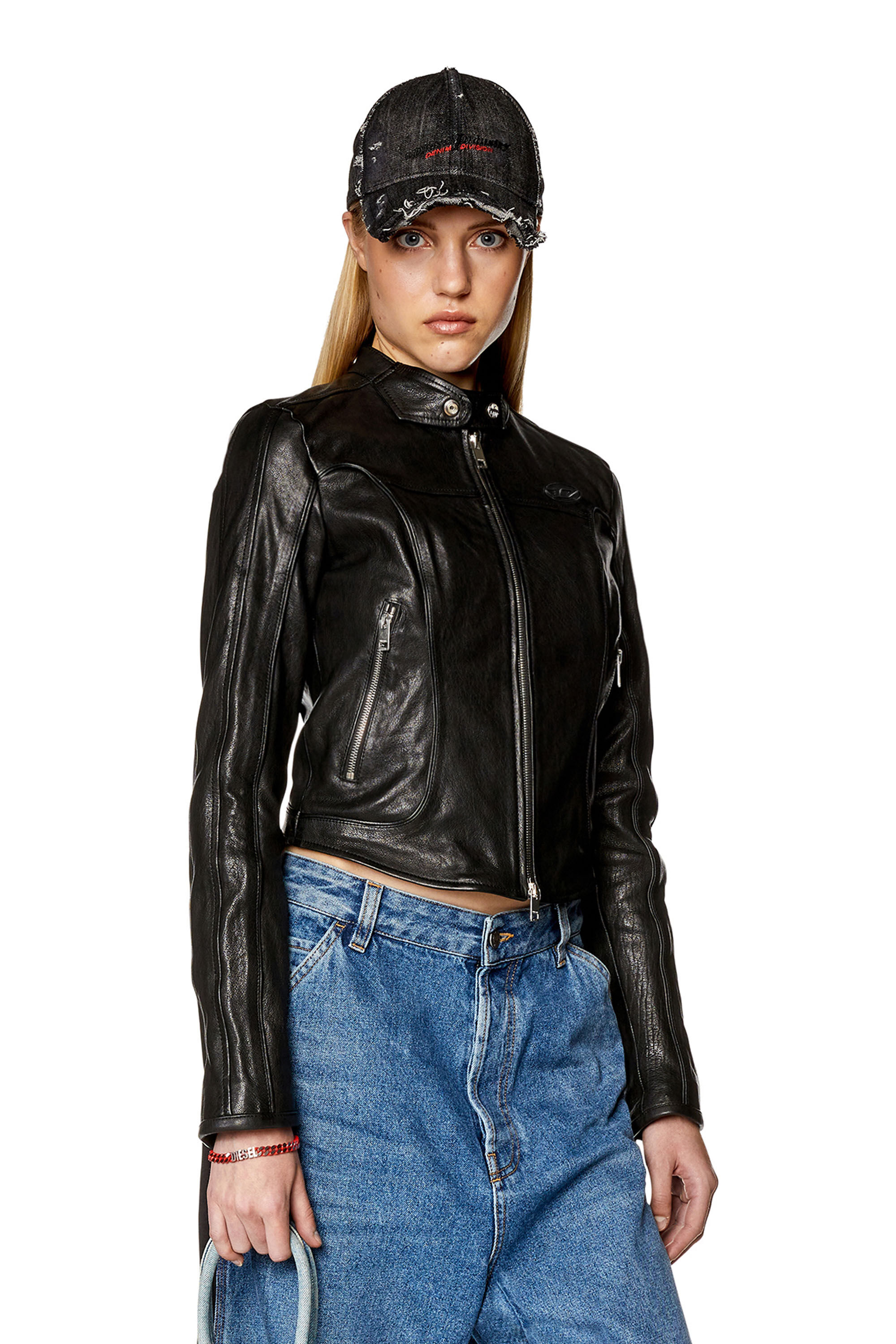 Diesel - L-FOXI, Woman Leather jacket with embossed D in Black - Image 3
