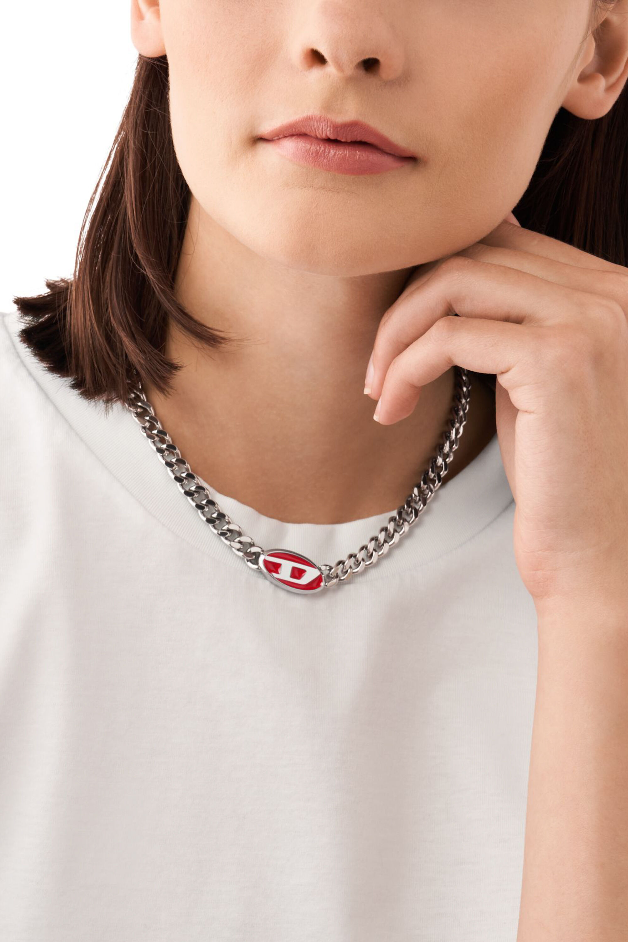 Diesel - DX1446, Unisex Red enamel chain necklace in Silver - Image 3