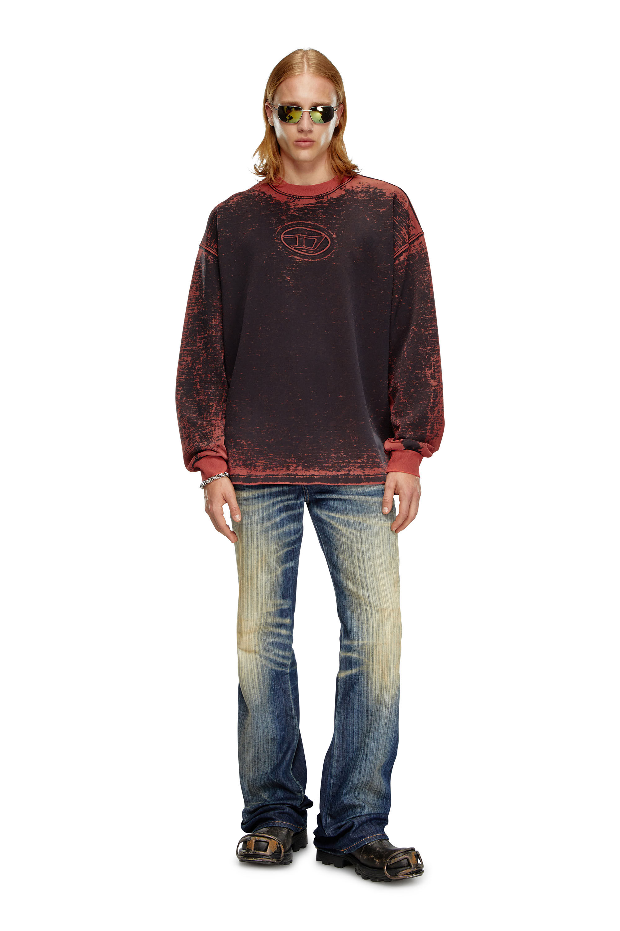 Diesel - S-BAXT-Q1, Man's Burnout sweatshirt with embossed Oval D in Red - 1