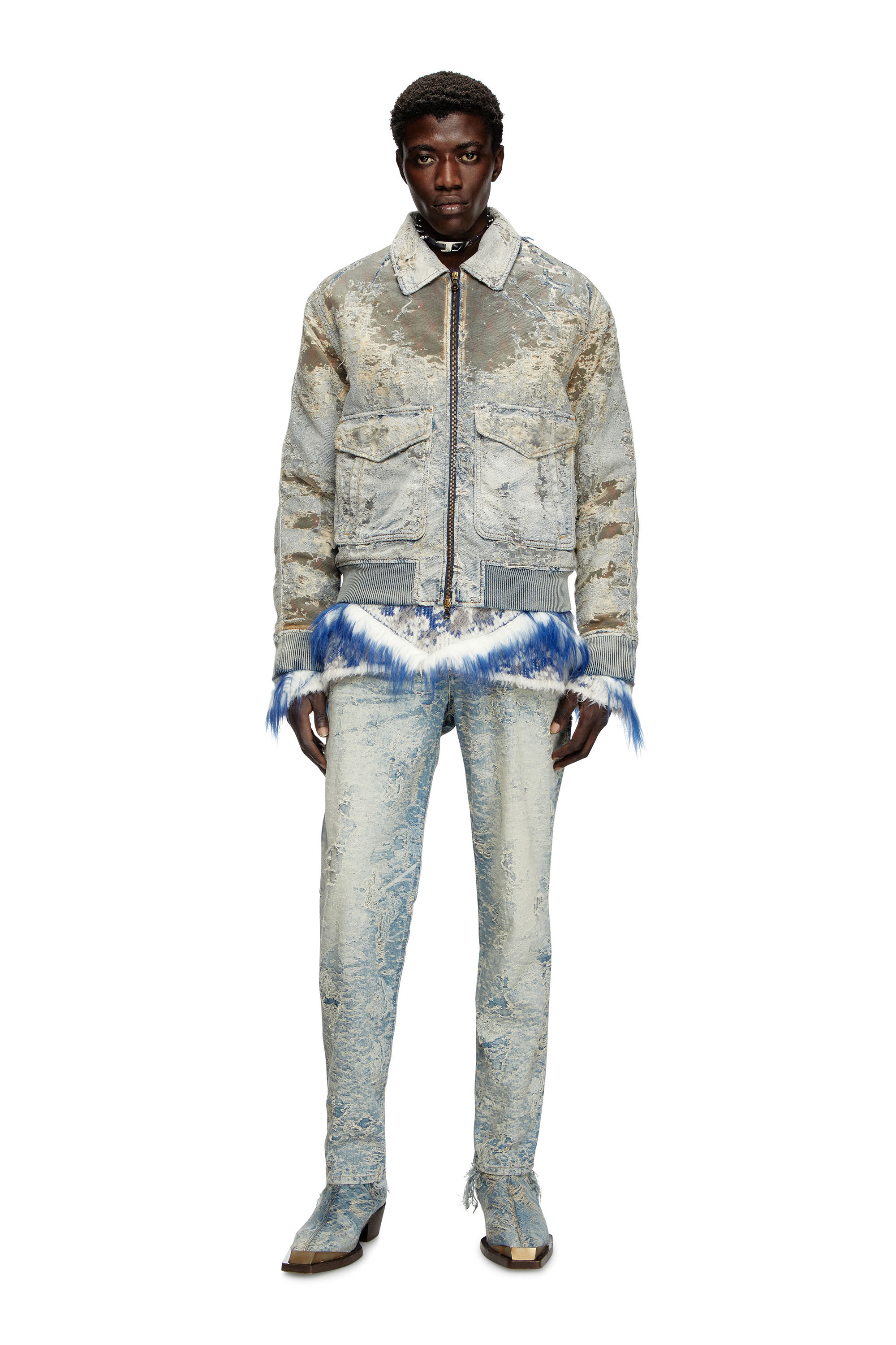 Diesel - D-MUDDY-FSF, Man's Aviator jacket in devoré denim in Light Blue - 1