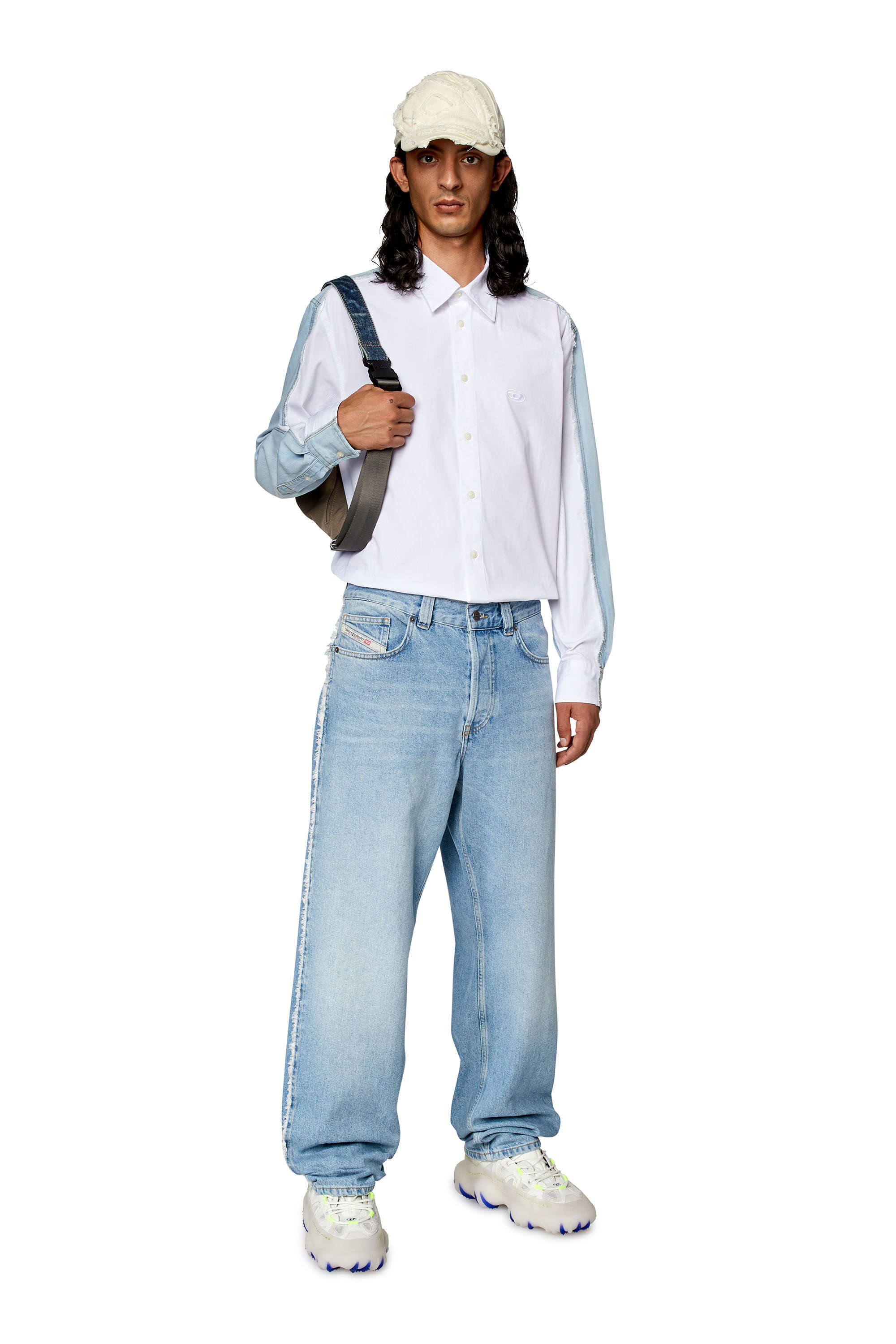 Diesel - S-WARH, Man Shirt in poplin and raw-edge denim in White - Image 1