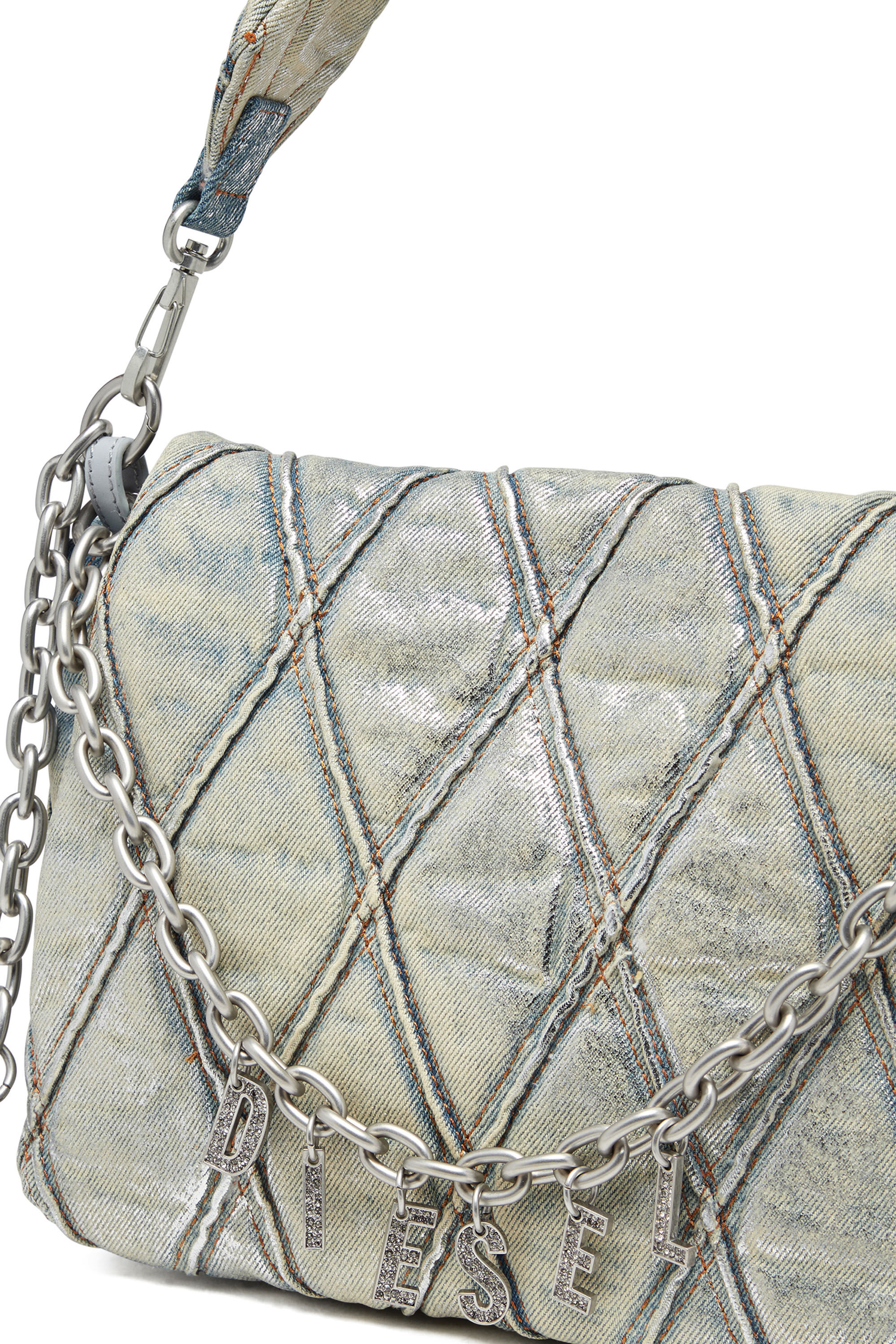 Diesel - CHARM-D SHOULDER M, Woman's Charm-D M-Shoulder bag in metallic quilted denim in Light Blue - 2