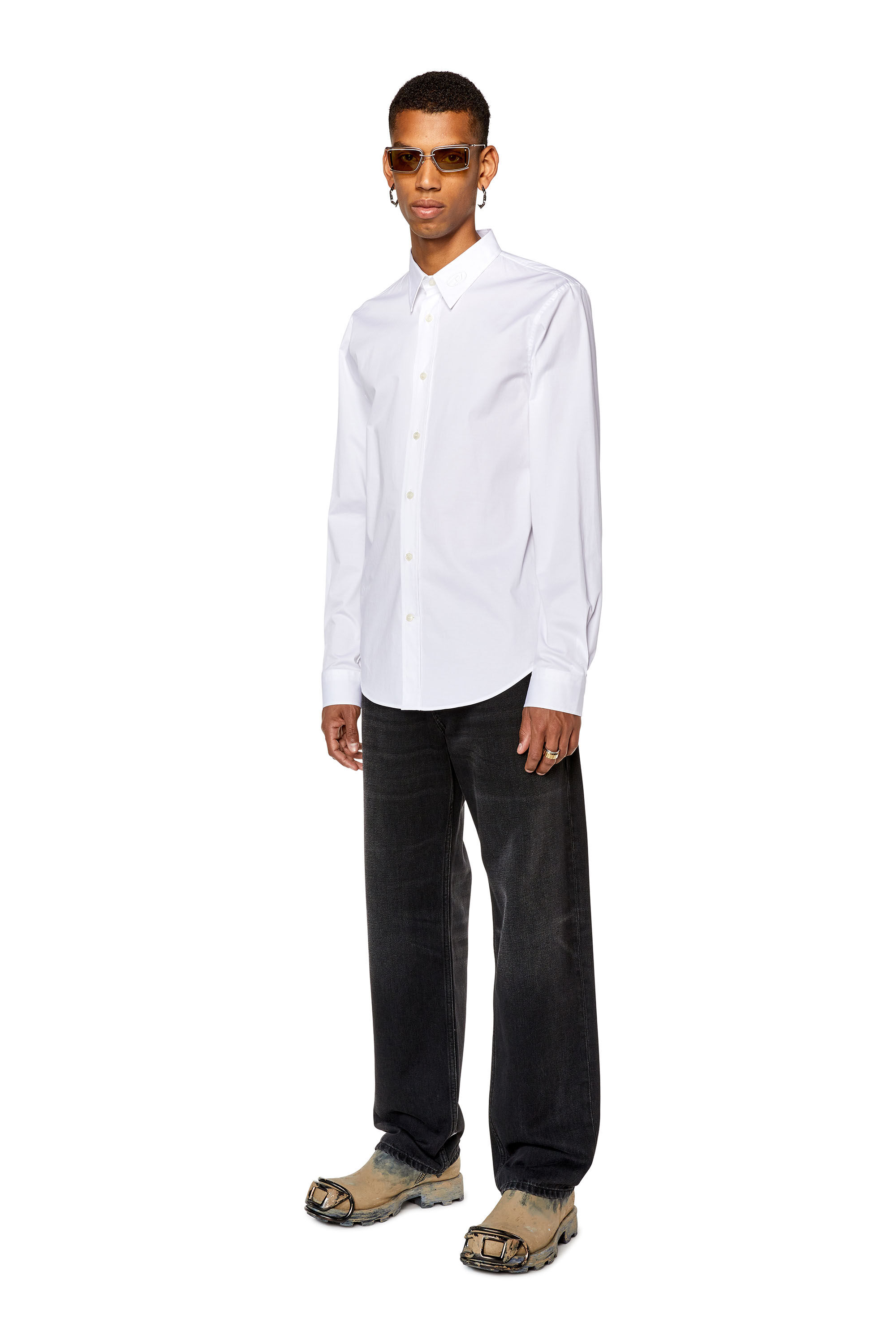 Diesel - S-BENNY-CL, Man Micro-twill shirt with tonal embroidery in White - Image 1