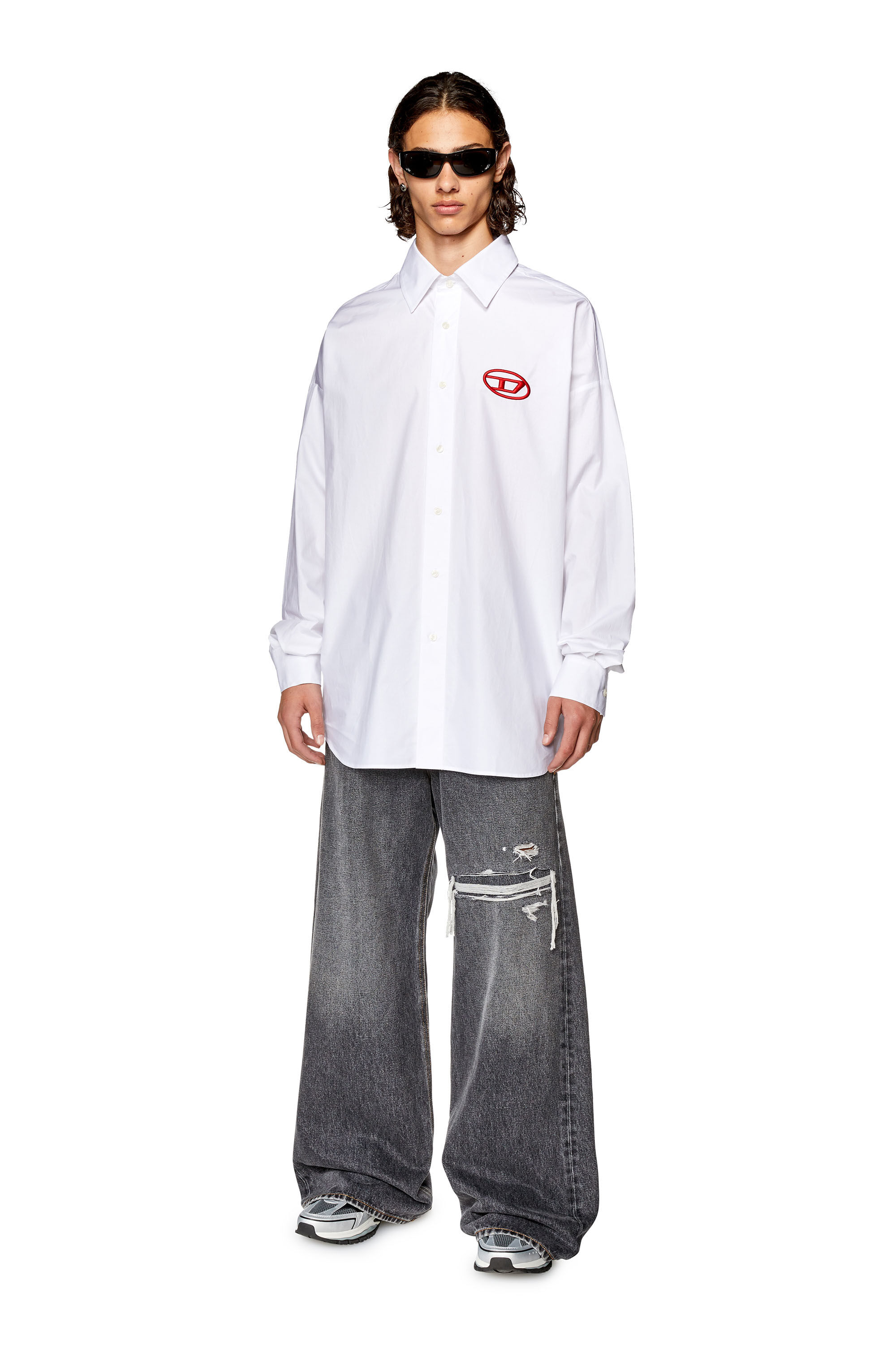 Diesel - S-DOU-PLAIN, Man Poplin shirt with oval D embroidery in White - Image 1