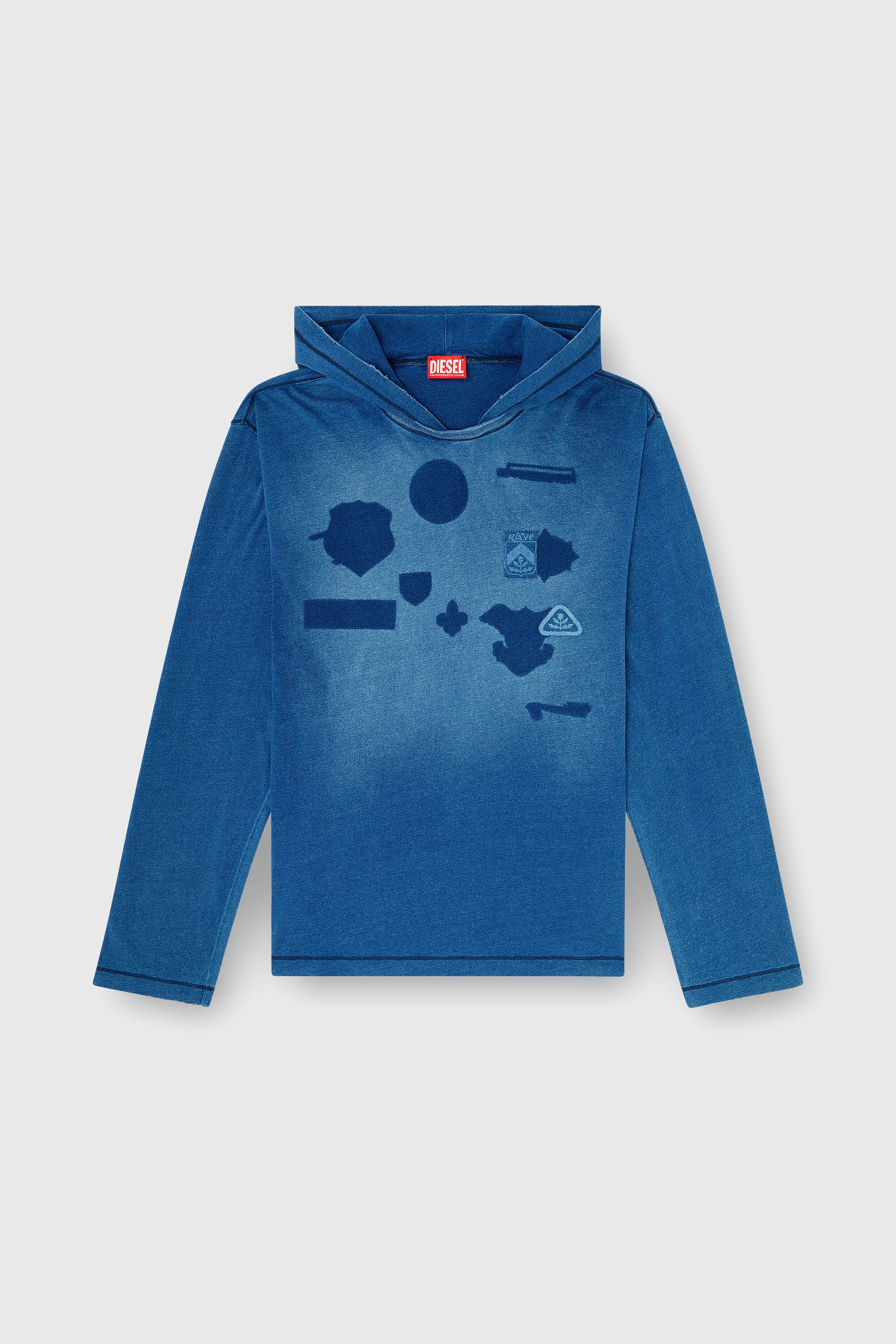 Diesel - T-NOX-LS-HOOD, Man's Hooded long-sleeve T-shirt with shadow-effect patches in Medium blue - 2
