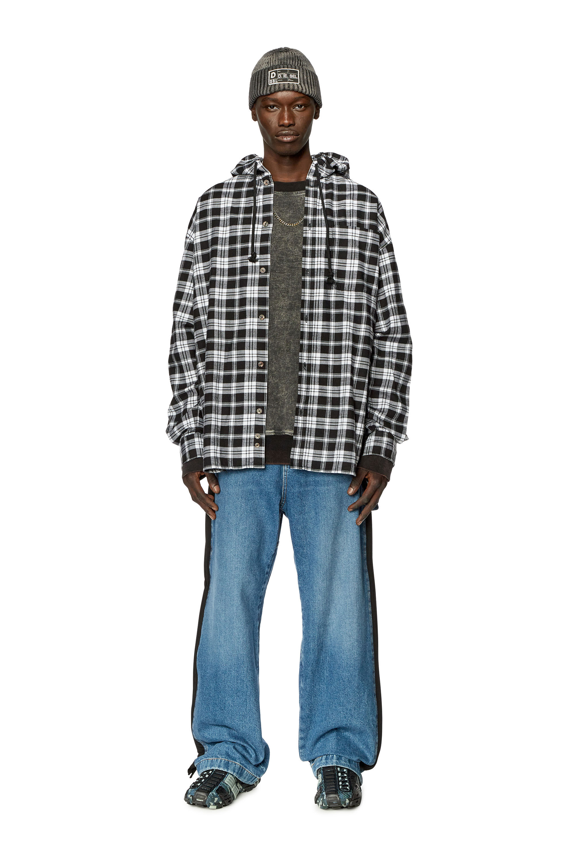 Diesel - S-DEWNY-HOOD, Man Oversized hooded shirt in tactile flannel in Multicolor - Image 1