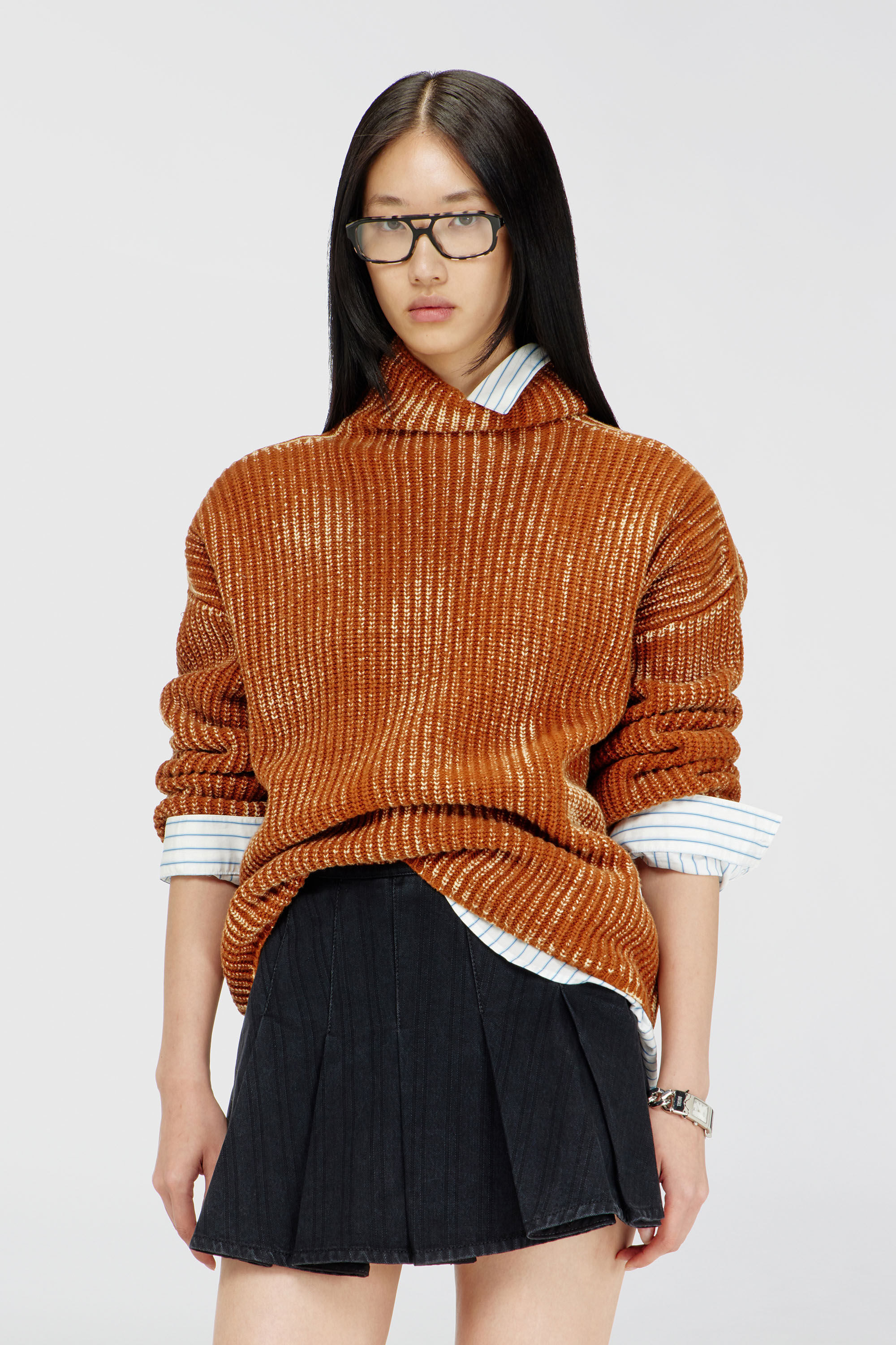 Diesel - M-AMET, Woman's Funnel-neck jumper in ribbed wool blend in Brown - 3