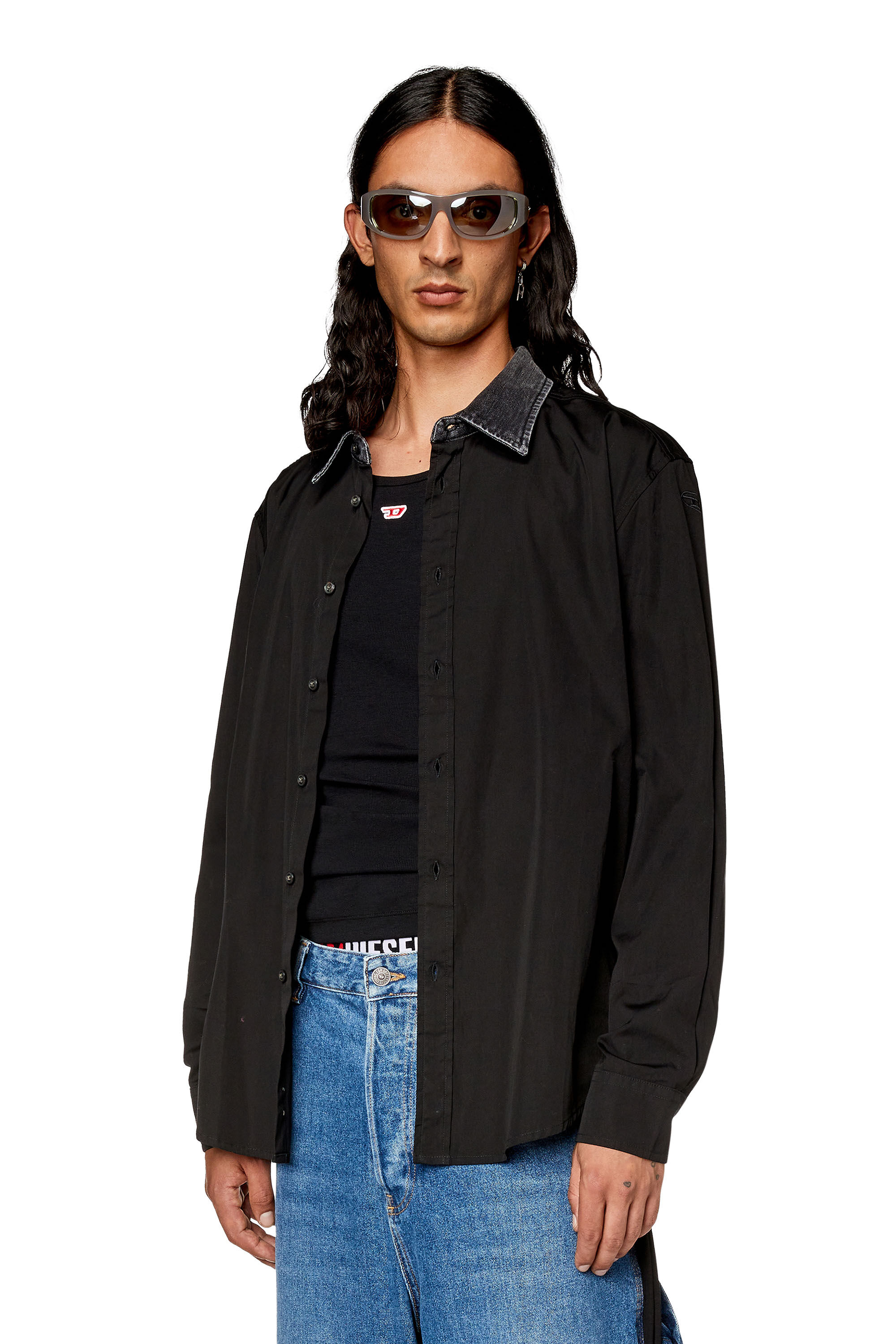 Diesel - S-HOLLS, Man Cotton shirt with denim collar in Black - Image 3