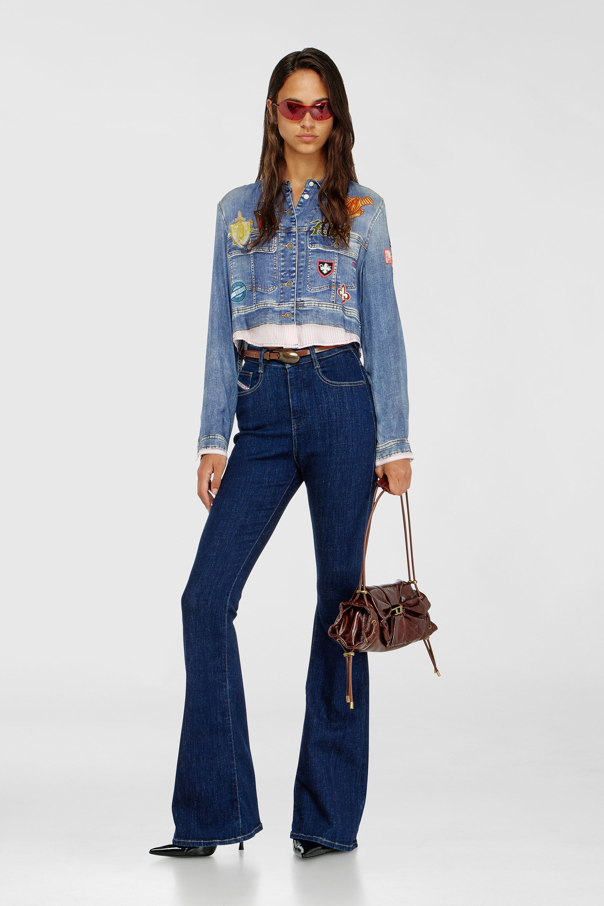 Diesel - C-LONE, Woman's Cropped satin shirt with trompe-l&rsquo;oeil denim print in Medium blue - 1