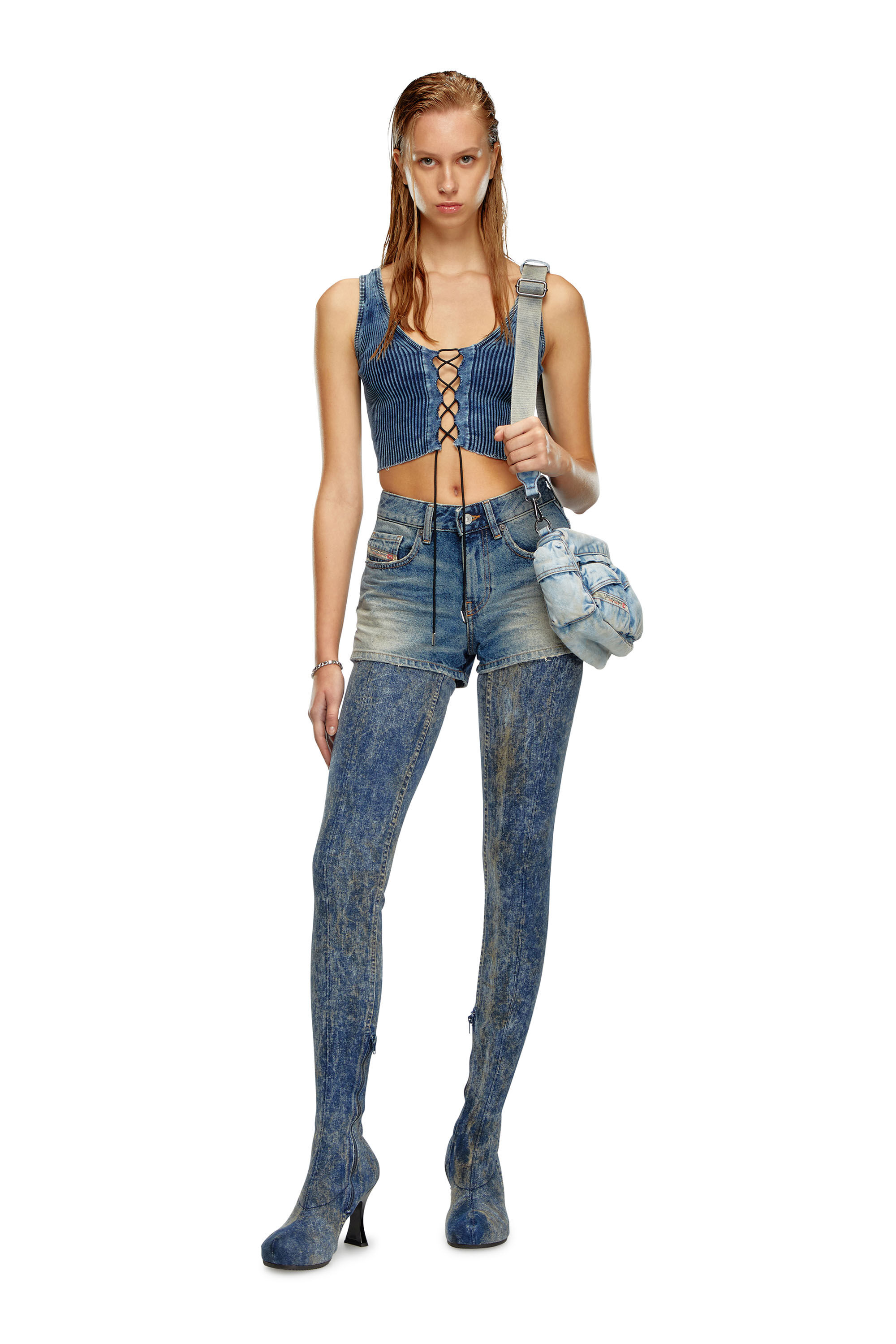 Diesel - M-ADONE, Woman Cropped lace-up tank top in indigo knit in Blue - Image 1