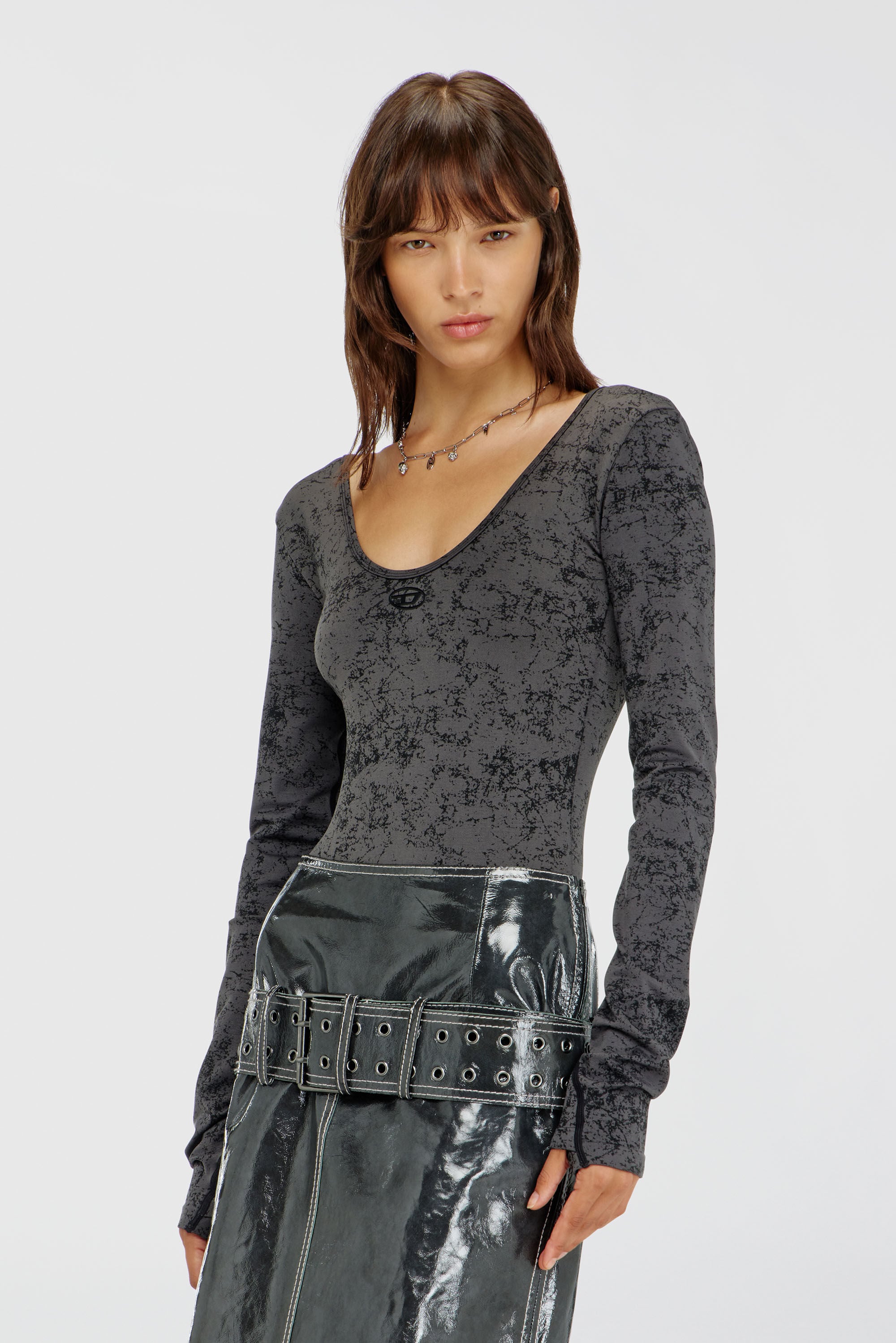 Diesel - IONNA-UTLT, Woman's Open-back bodysuit with utilitarian print in Black - 5