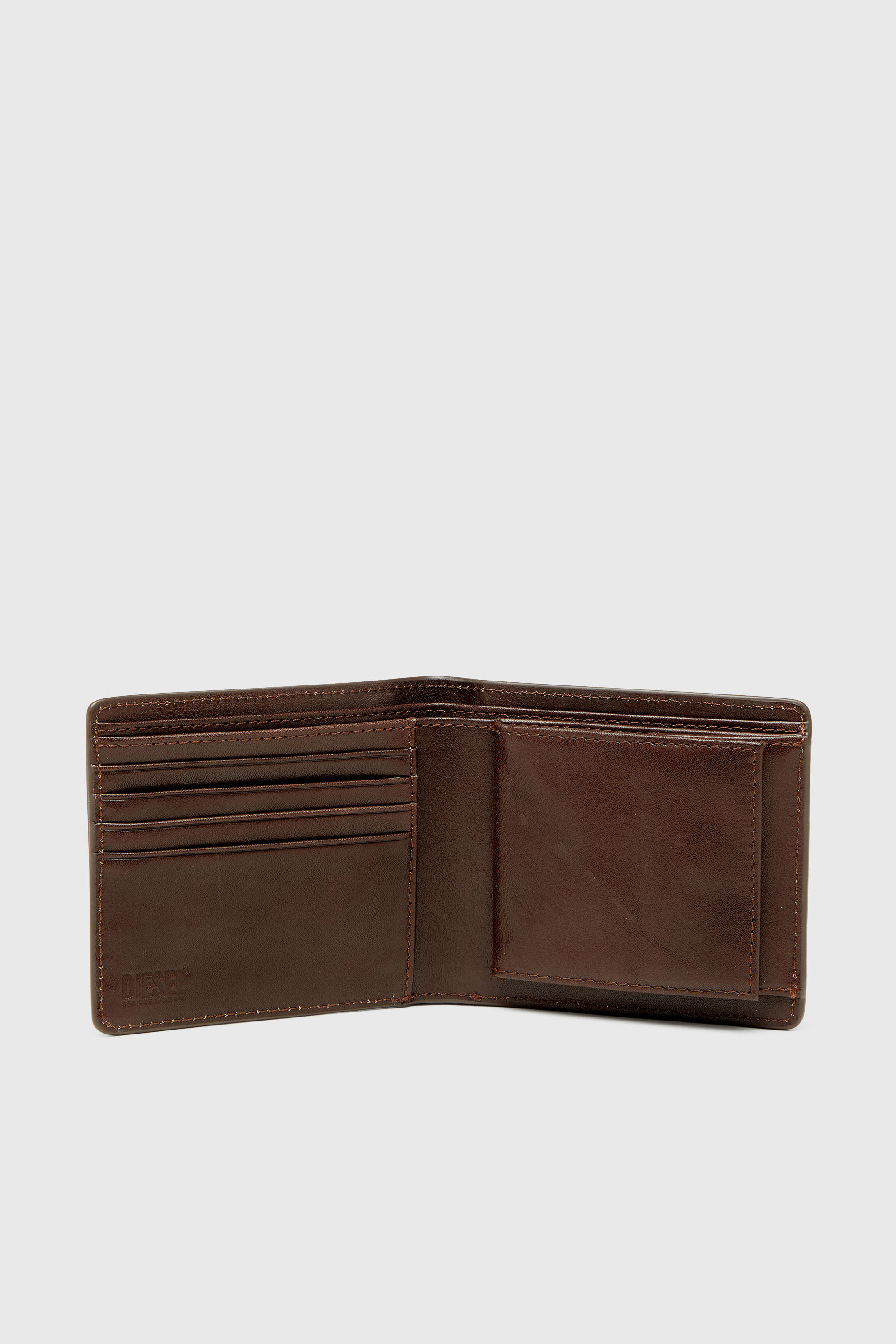 Diesel - FLAG-D BI-FOLD COIN S 3D, Man's Bi-fold leather wallet with embossed logo in Brown - 3