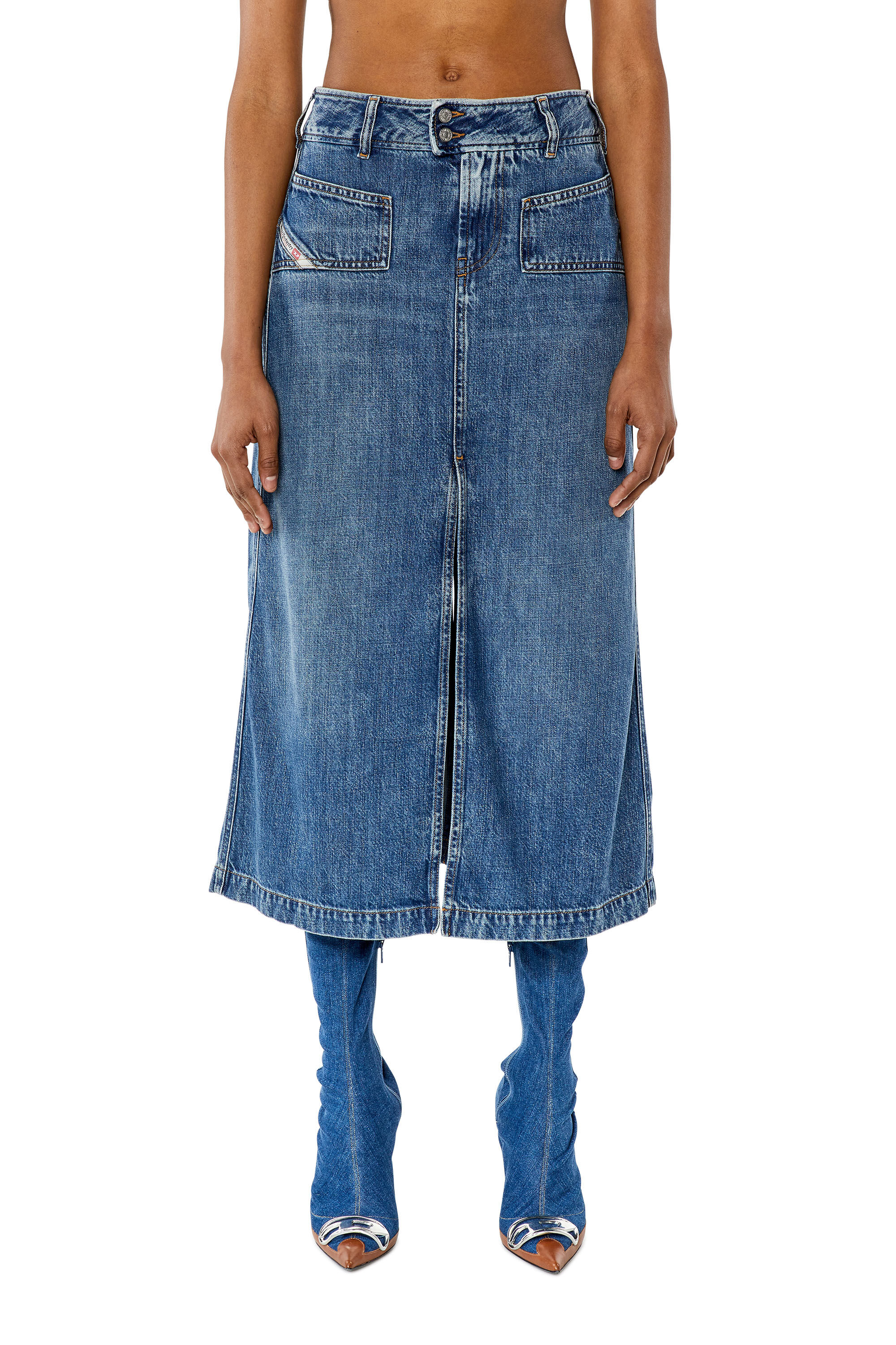 Diesel - DE-YINKA, Woman Denim midi skirt with slit in Blue - Image 3