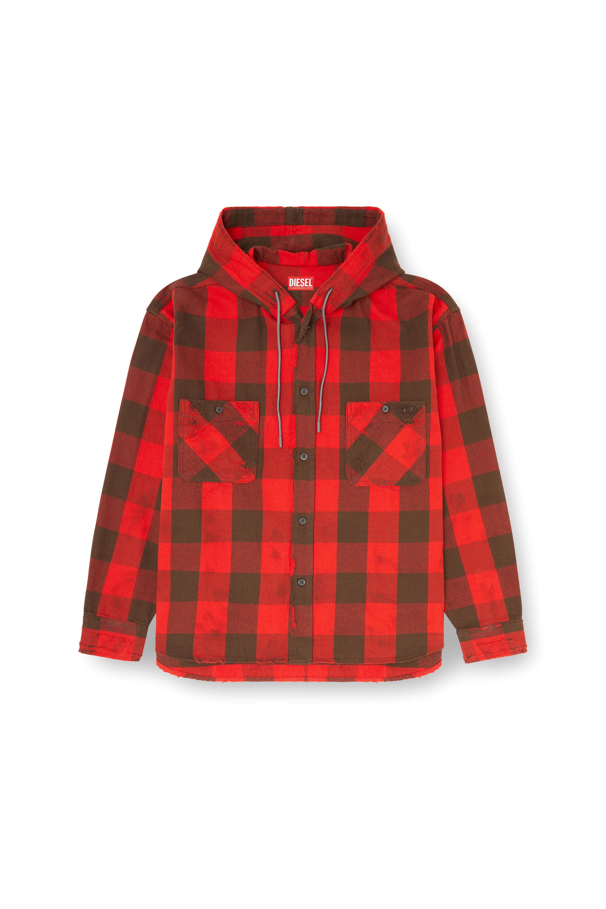 Diesel - S-DRUM-HOODY, Man's Distressed hooded shirt in check flannel in null - 2
