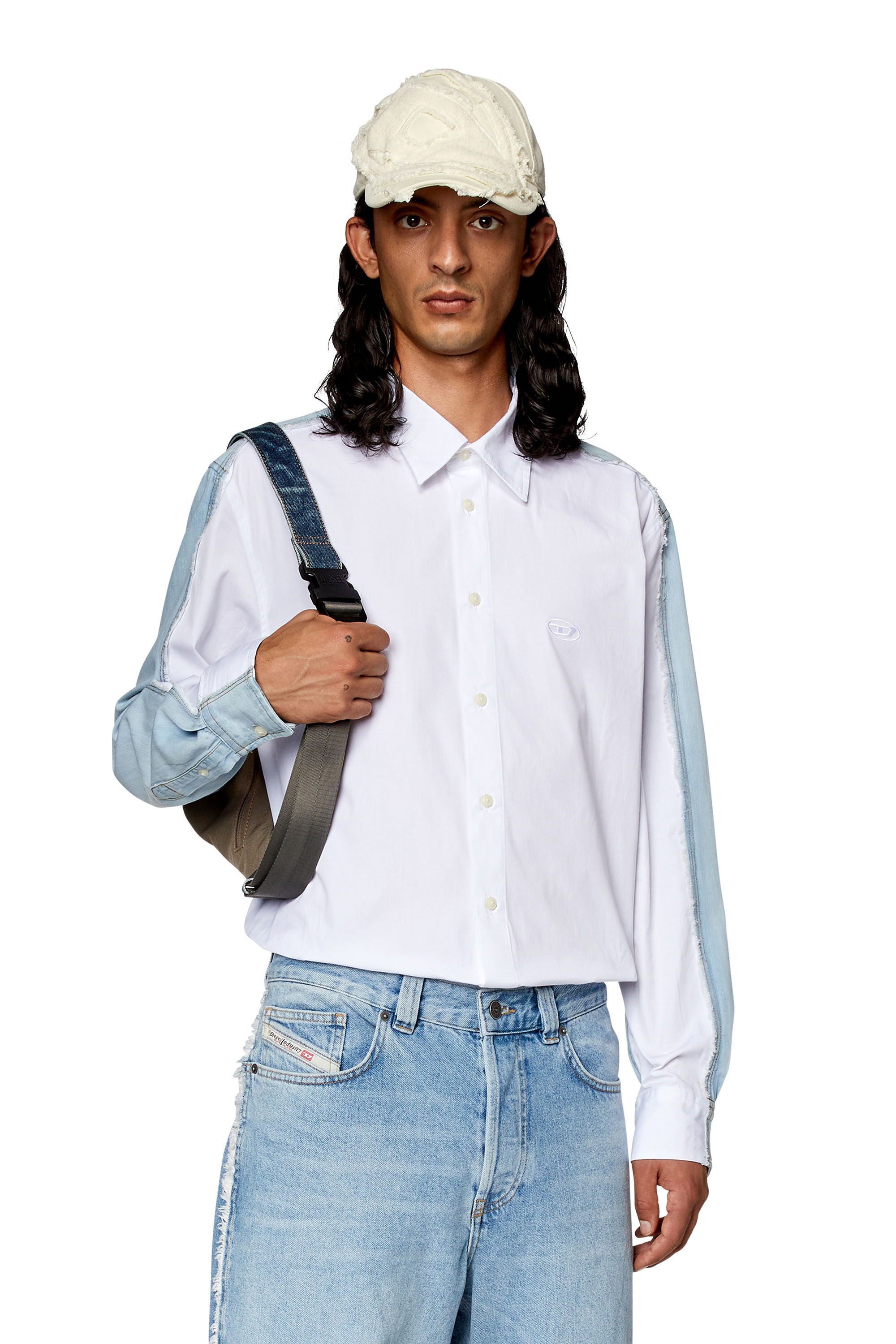 Diesel - S-WARH, Man Shirt in poplin and raw-edge denim in White - Image 3