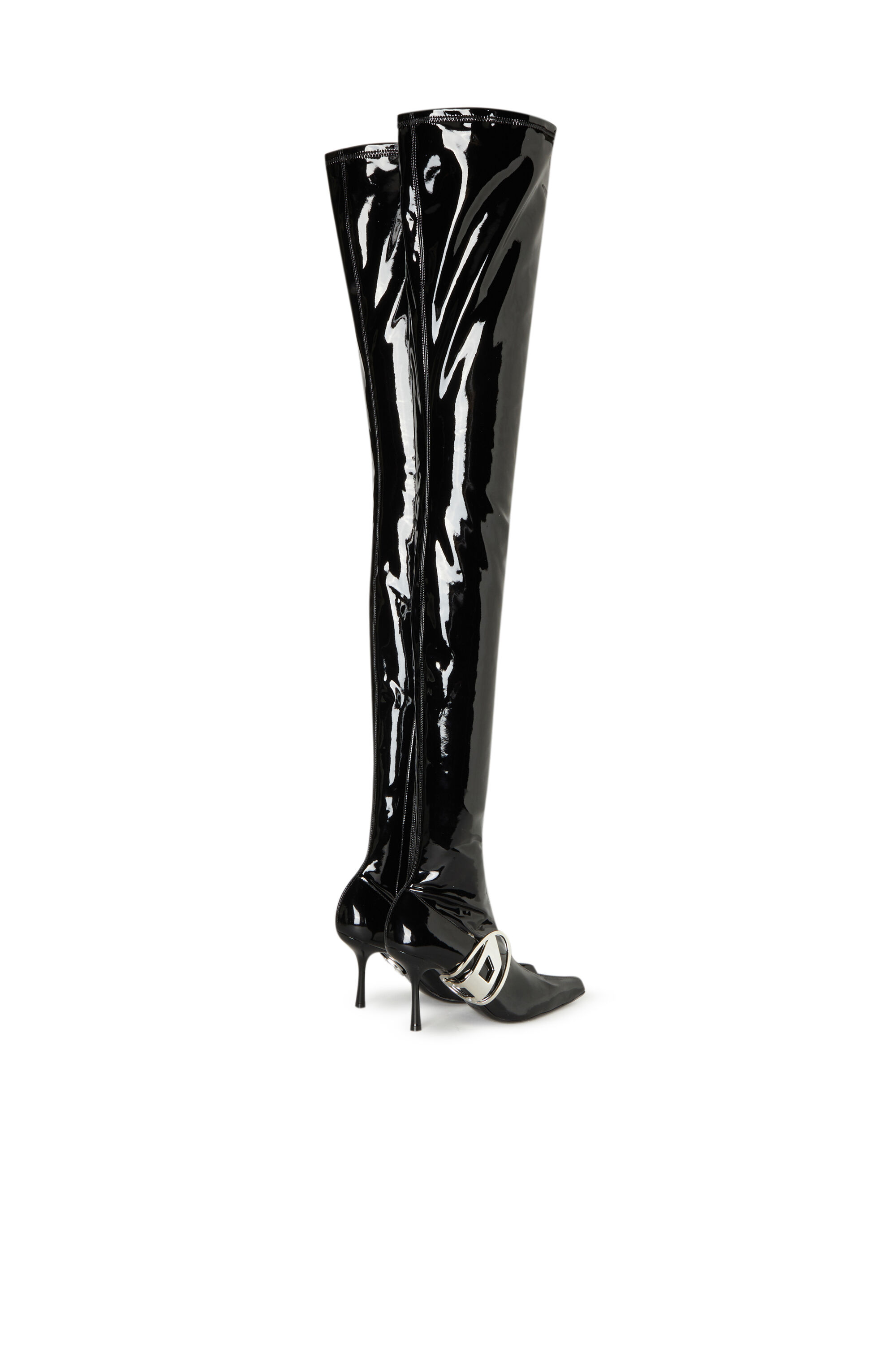 Diesel - D-ECLIPSE TBT, Woman D-Eclipse TBT - Patent thigh-high boots with oval plaque in Black - Image 3