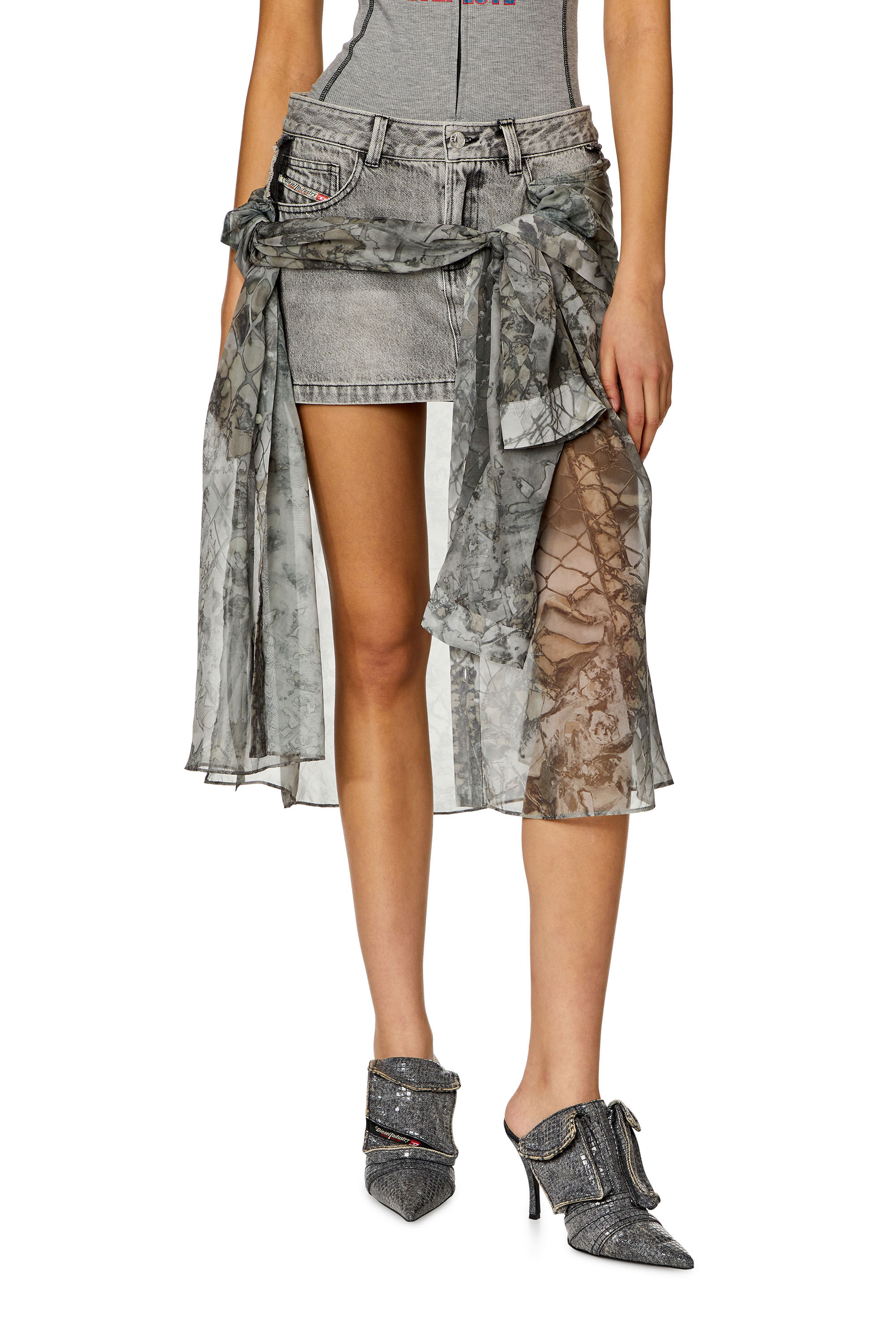 Diesel - O-JEANY, Woman Denim mini skirt with chiffon overlay in Grey - Image 3