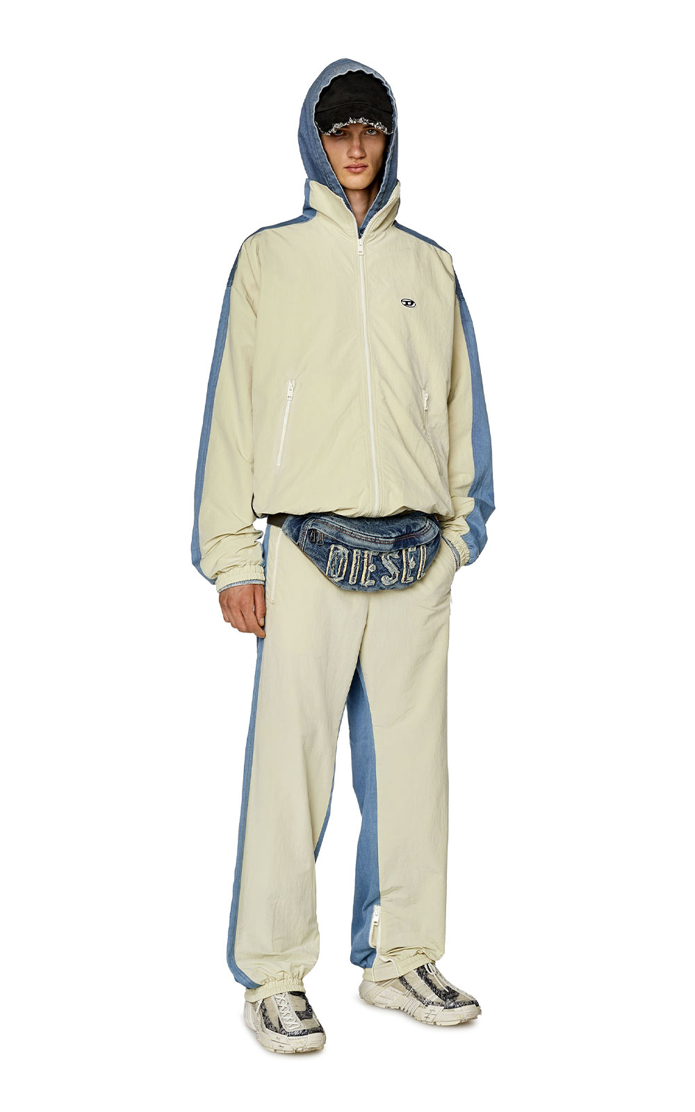 Track pants in wrinkled nylon and denim