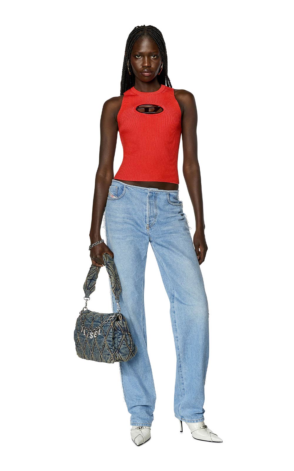 Cut-out knit top with logo plaque