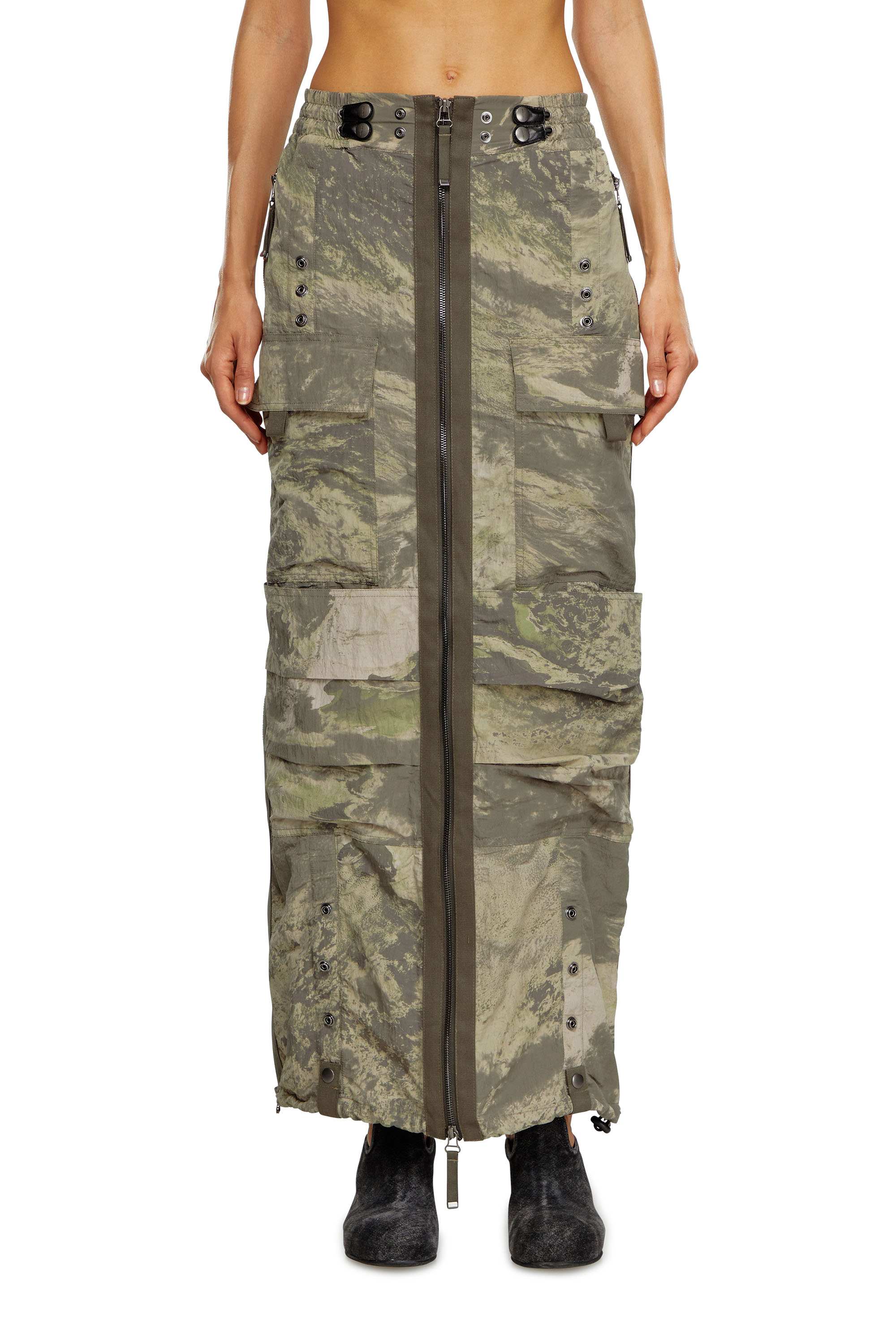 Diesel - O-CREP-N1, Woman Long skirt with cargo pockets in Green - Image 1