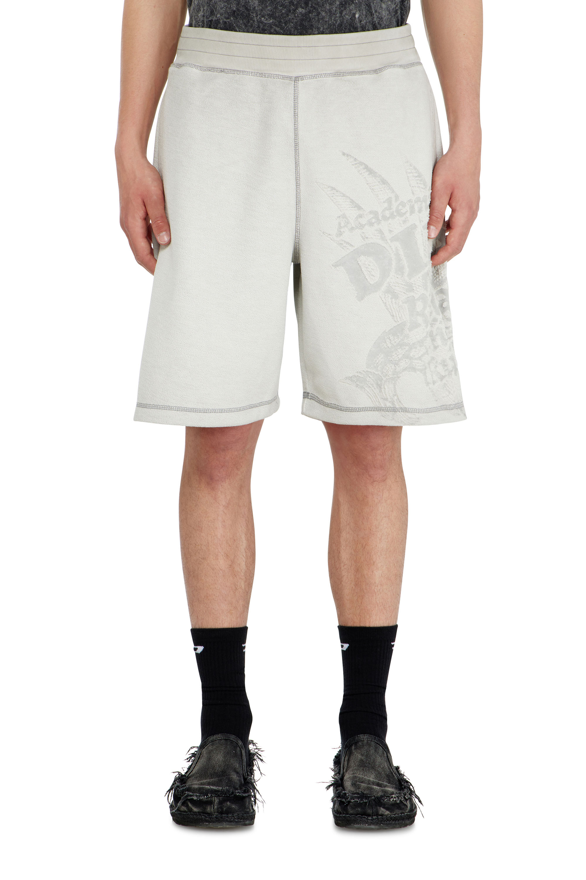 Diesel - P-RAWCROW, Man's Sweatshorts with d&eacute;vor&eacute; motifs in Light Grey - 2