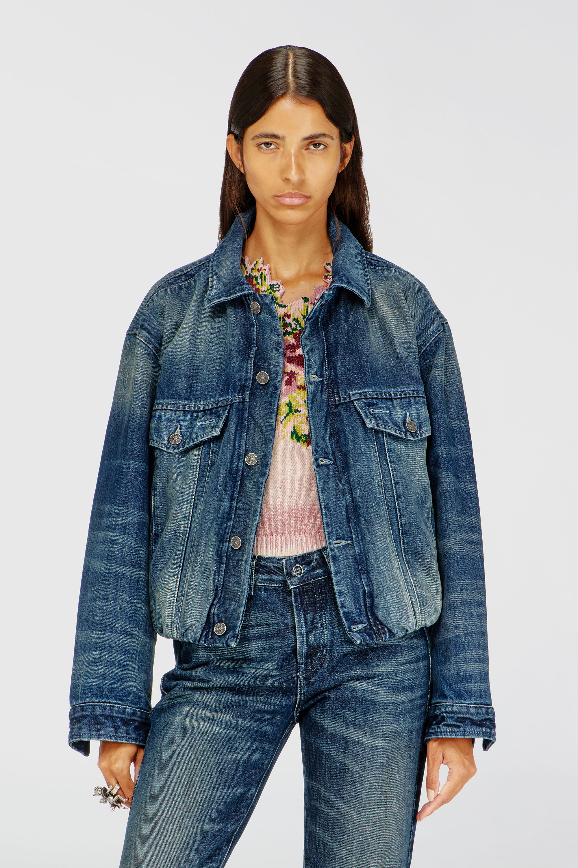 Diesel - DE-MORVI-FSJ, Woman's Elasticated trucker jacket in denim in Medium blue - 1