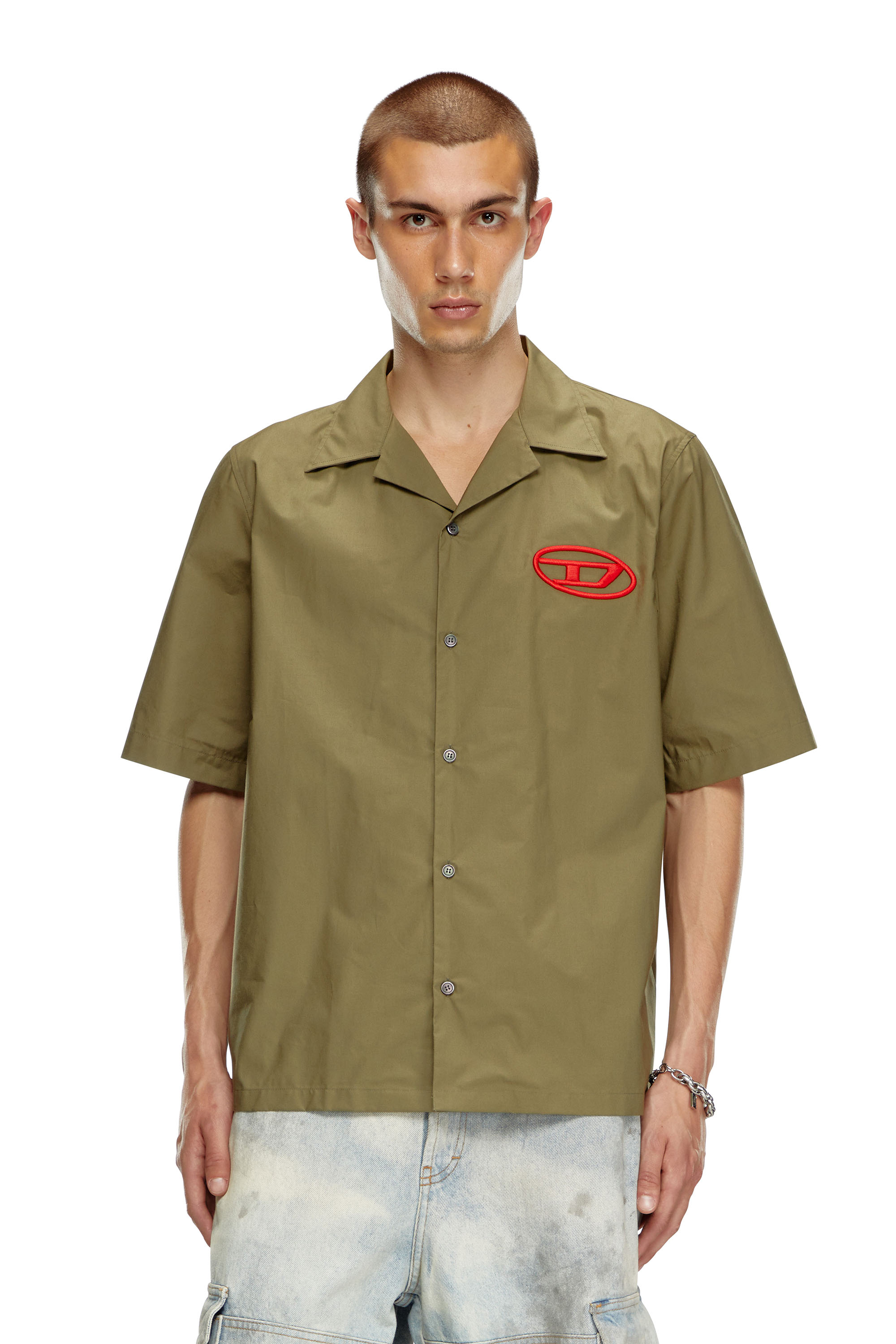 Diesel - S-MAC-C, Man's Bowling shirt with logo embroidery in Military Green - 5