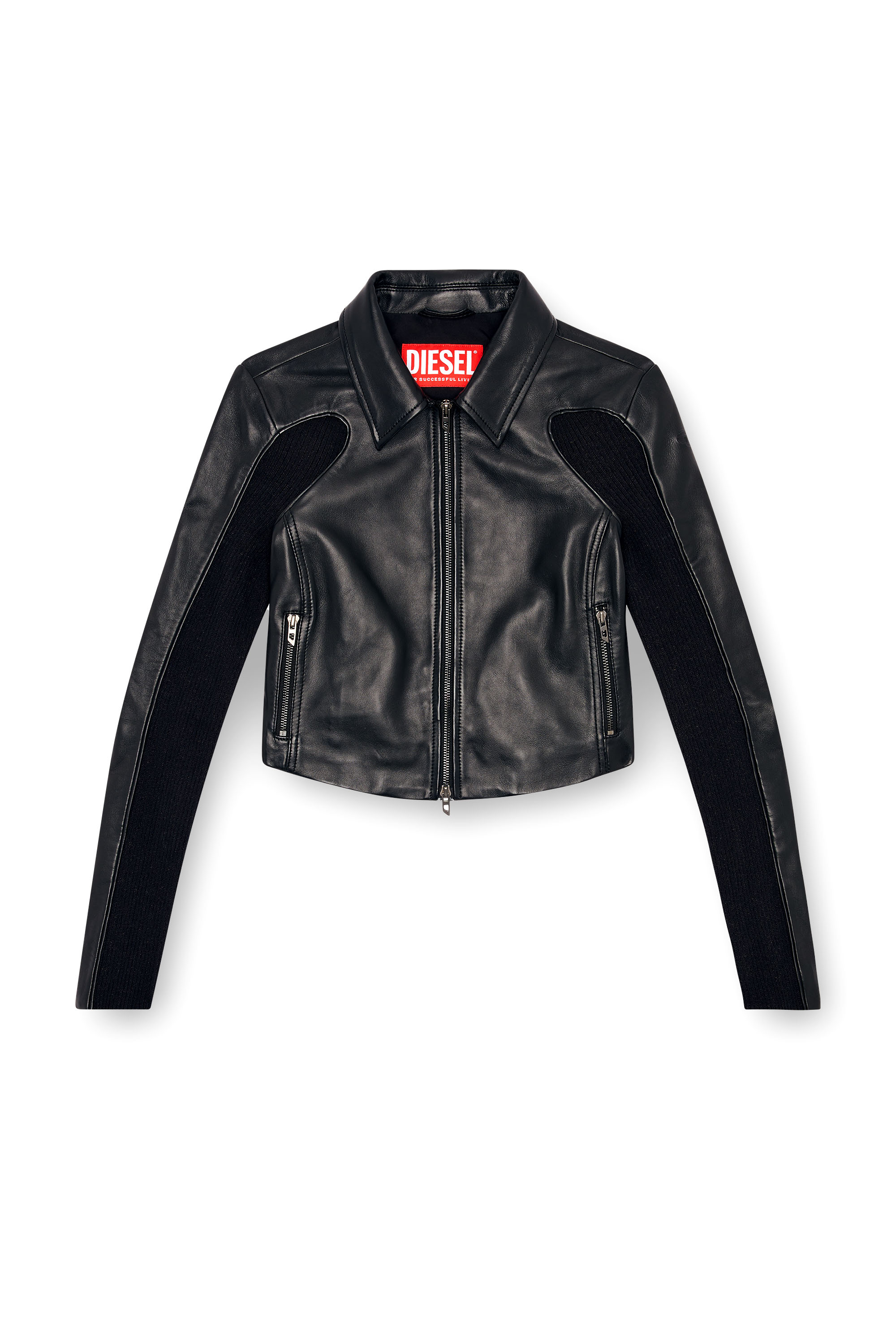 Diesel - L-TOTEM-P1, Woman Cropped leather jacket with knit inserts in Black - Image 5