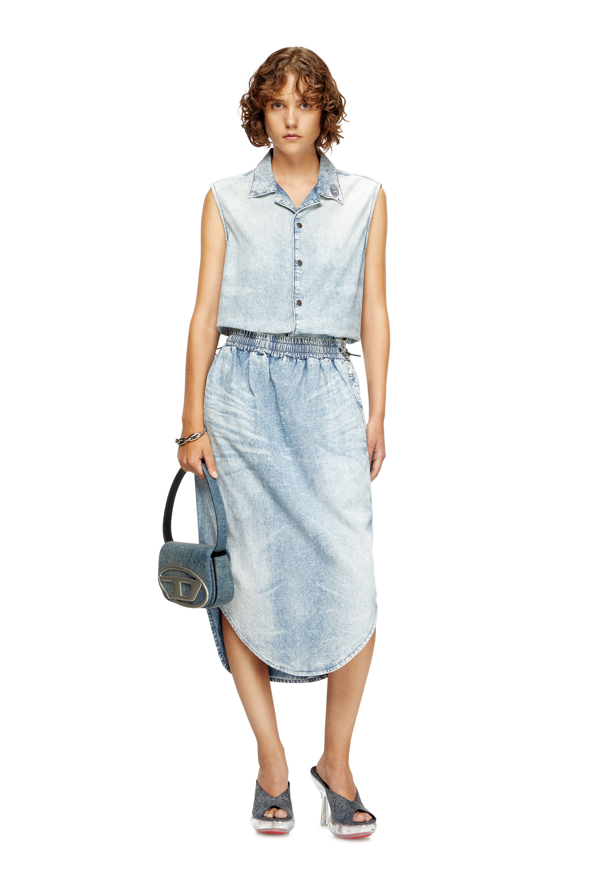 DE-ASHLEY-S, Light Blue Diesel - DE-ASHLEY-S, Woman's Midi skirt in marbled denim in Light Blue - 1