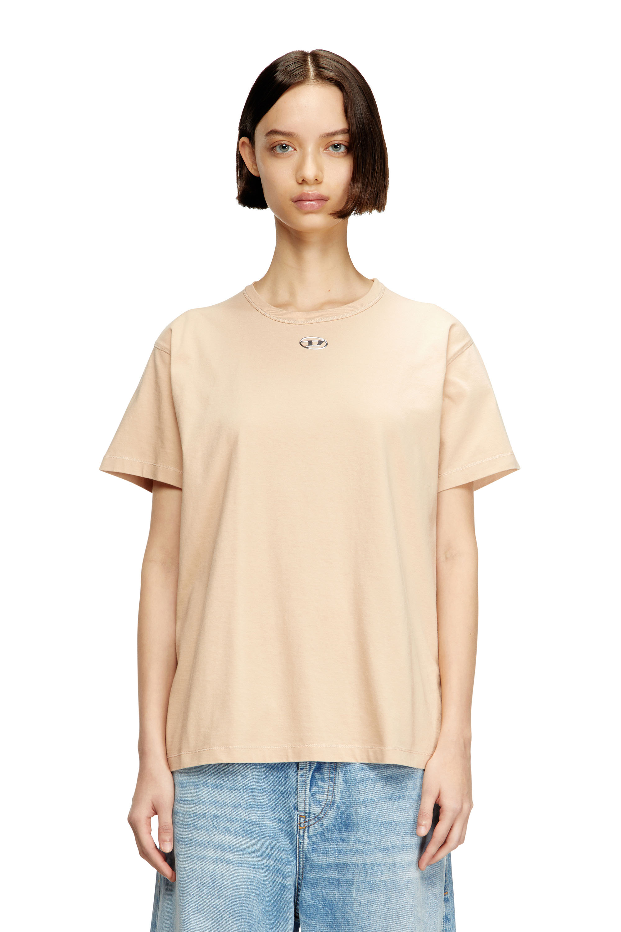 Diesel - T-NORMY-OD-S1, Woman's Cotton T-shirt with metallic Oval D in Beige - 1
