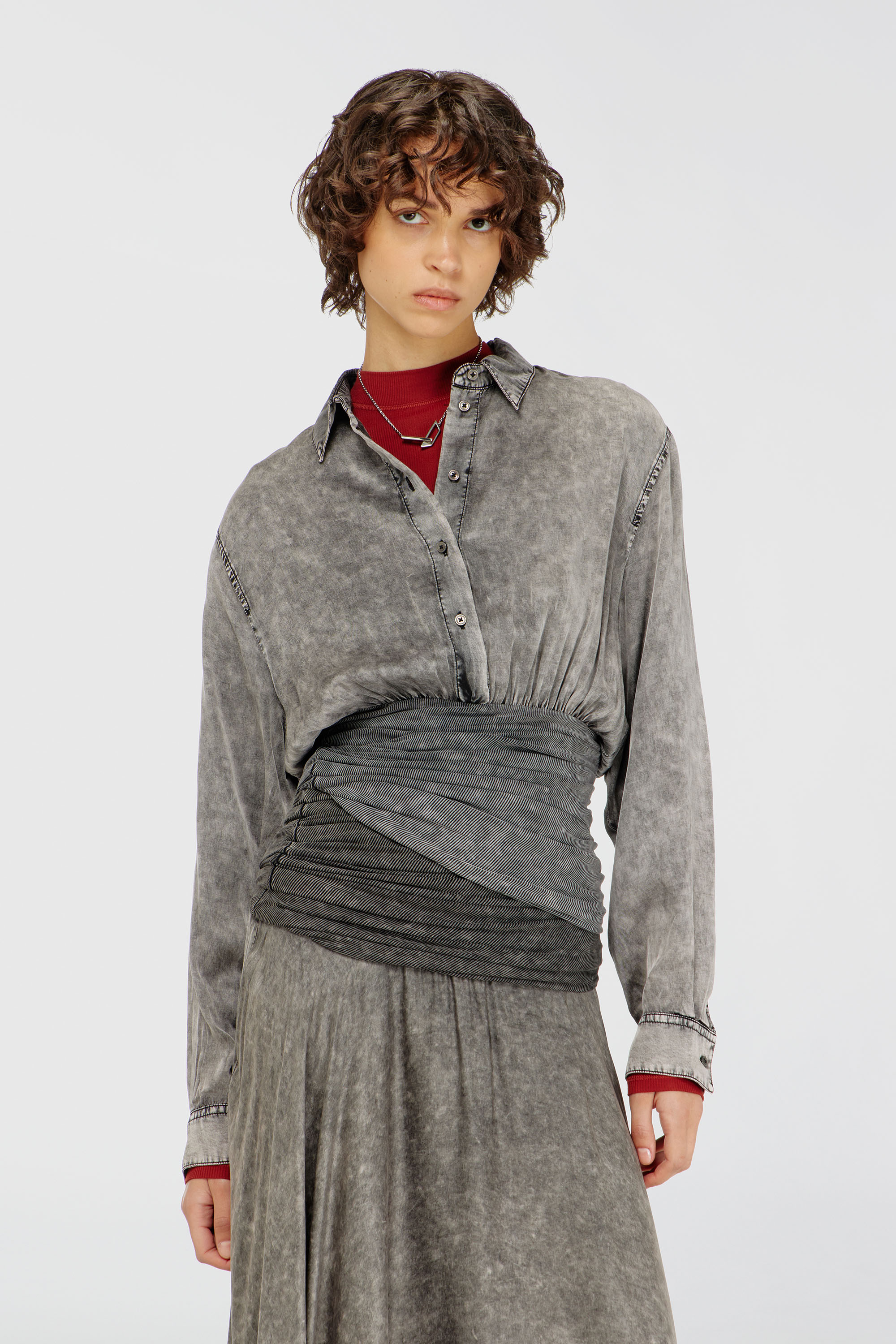 Diesel - C-ASSIA-B1, Woman's Satin shirt with twisted waist section in Dark grey - 1