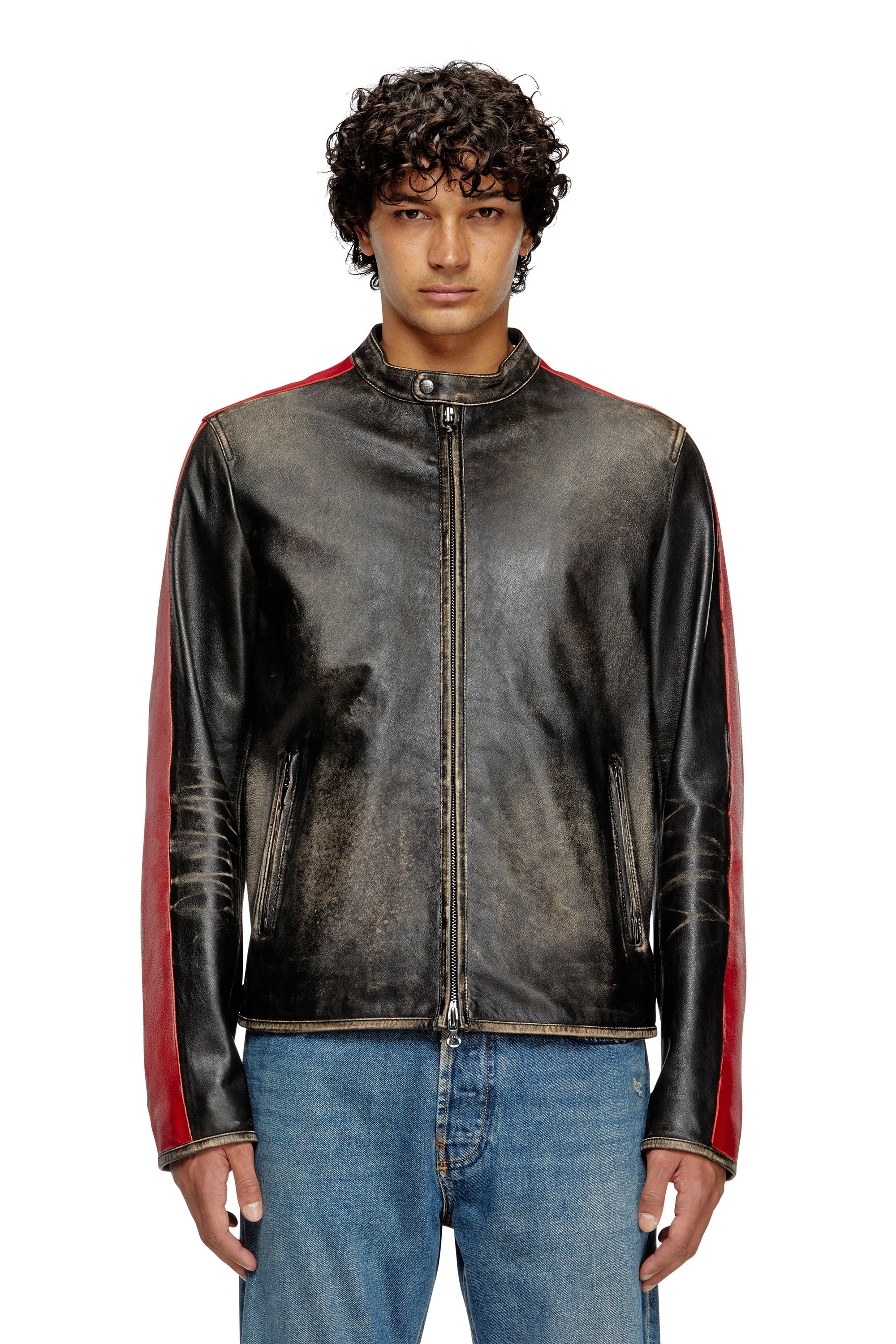 Diesel - L-RENN, Man's Leather jacket with contrasting stripes in Black/Red - 1